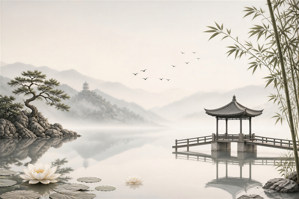 Fototapeta orientalny krajobraz z pawilonem i bambusem w stylu zen