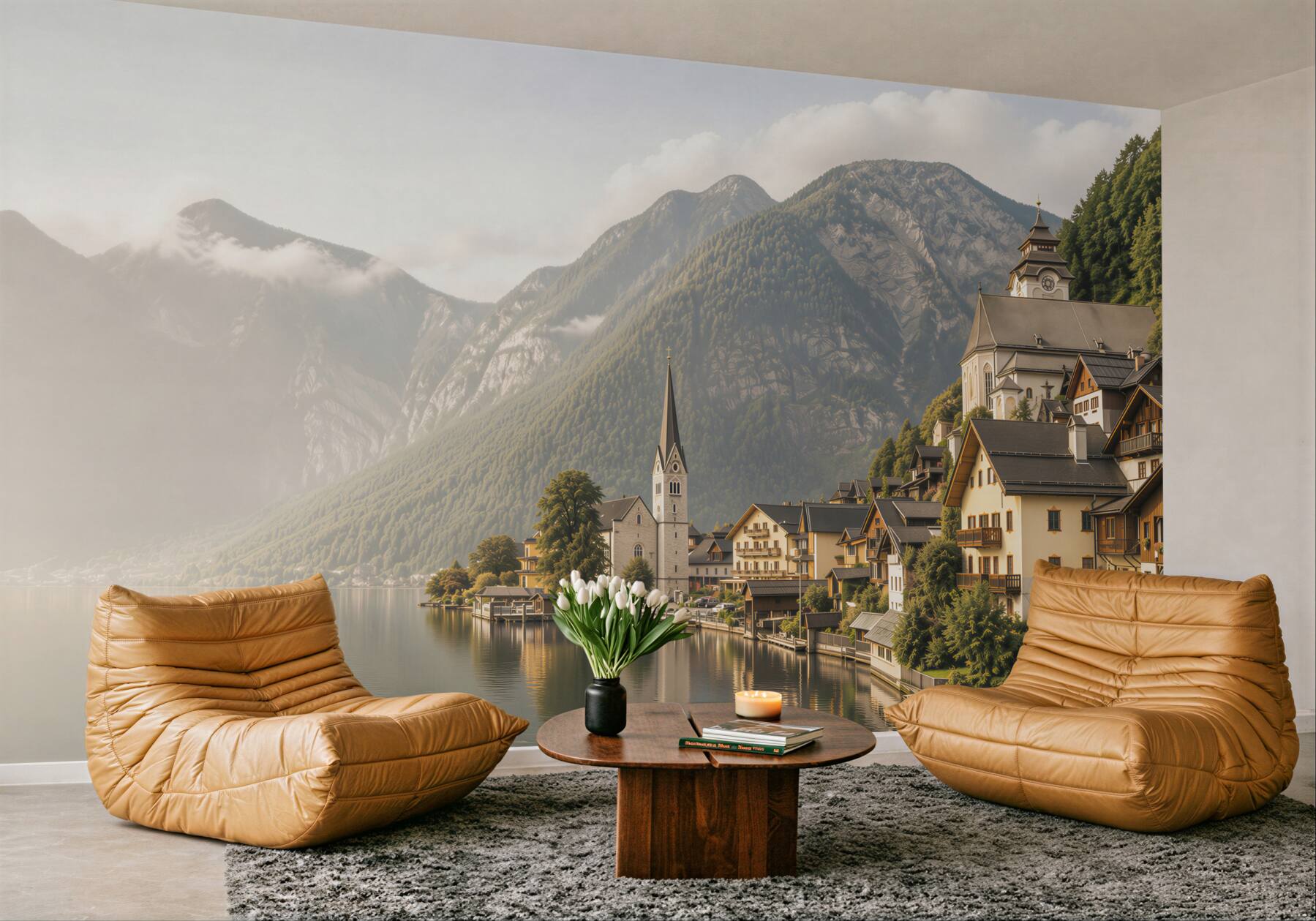 Fototapeta alpejskie miasteczko nad jeziorem i góry we mgle