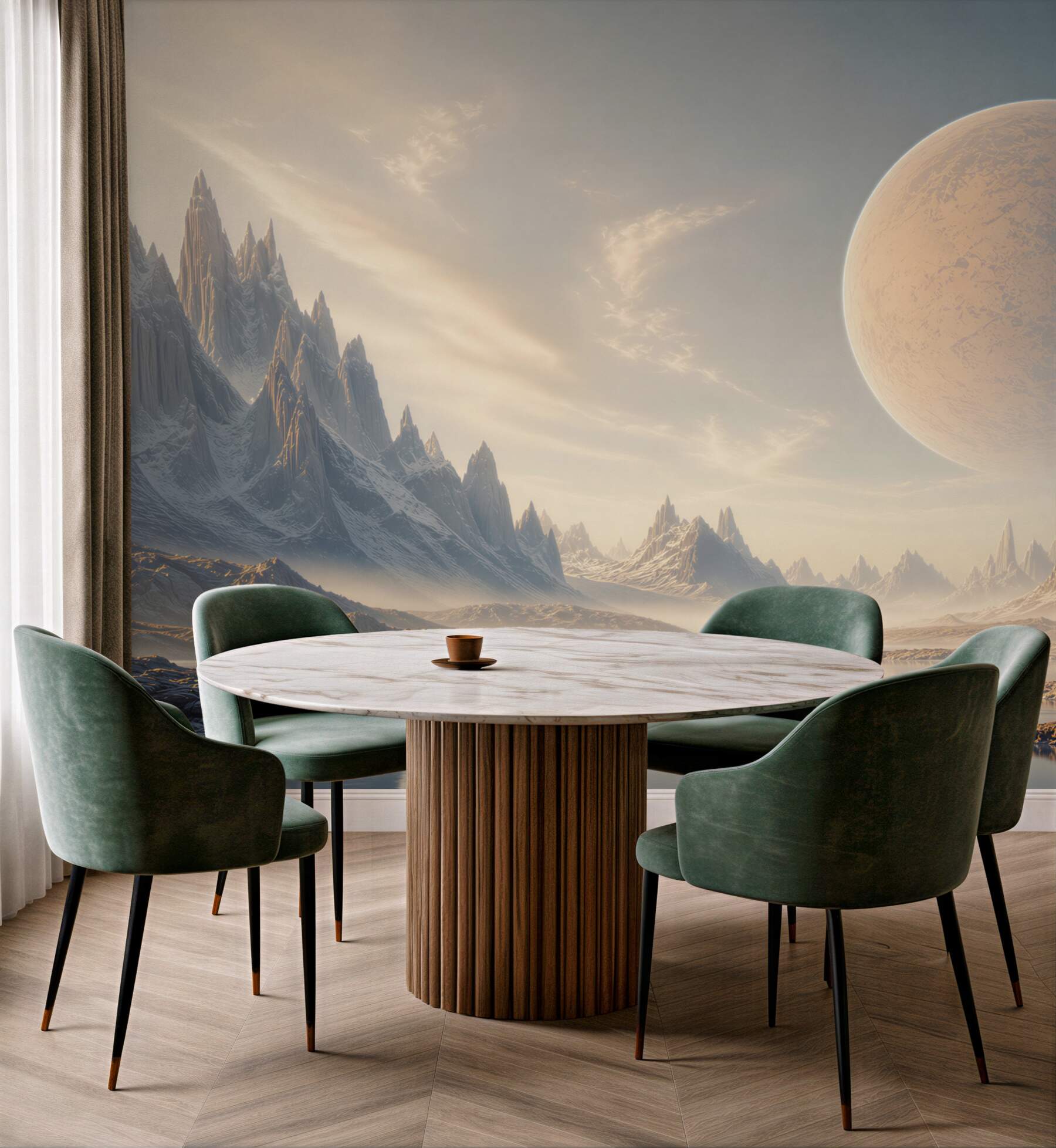 Fototapeta fantastyczny krajobraz z planetami i lodowymi górami