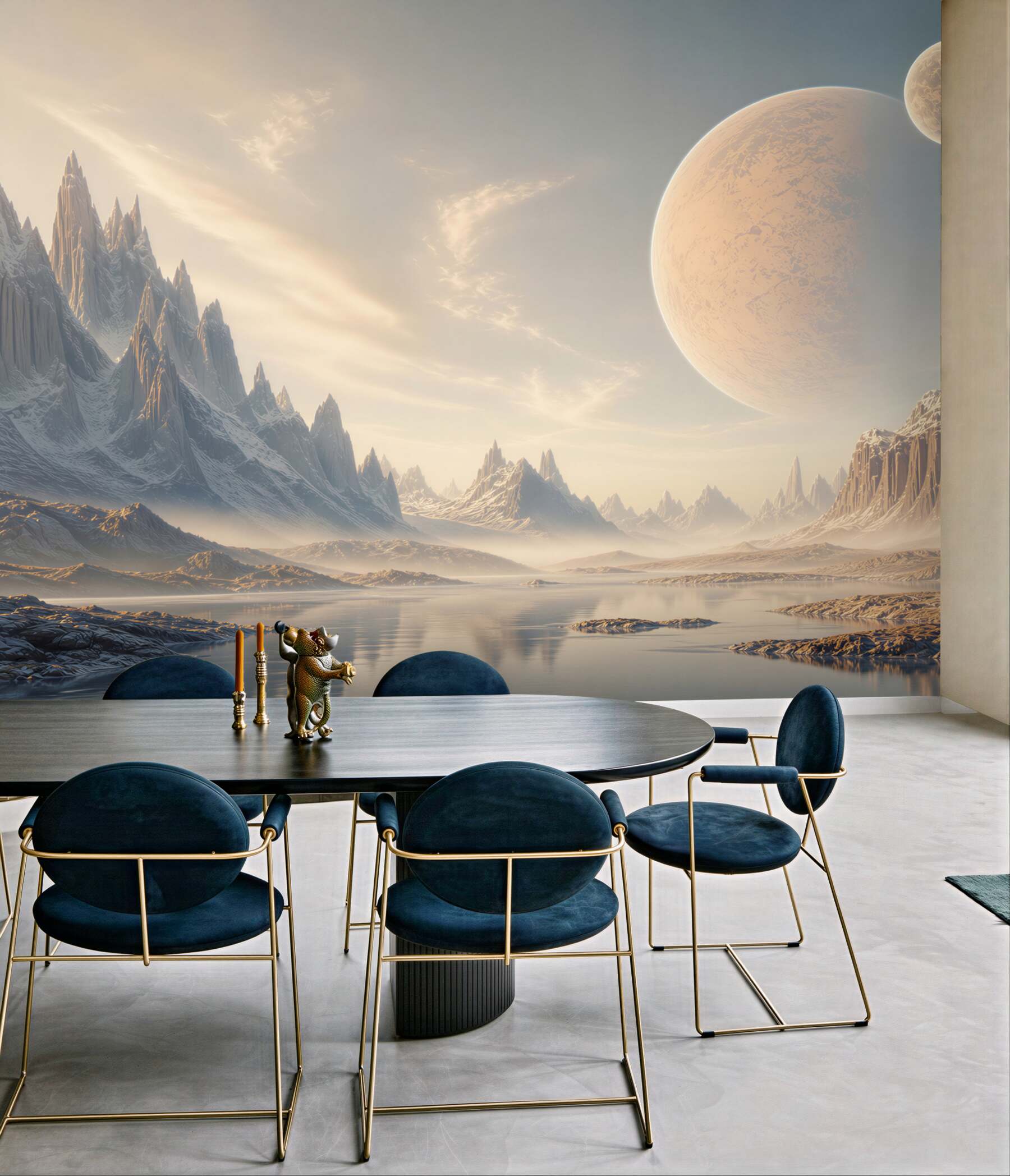 Fototapeta fantastyczny krajobraz z planetami i lodowymi górami