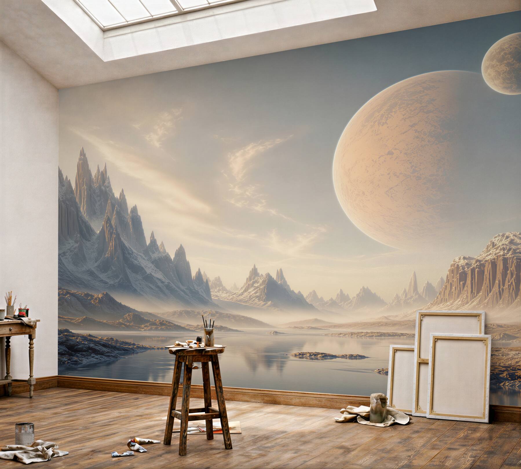 Fototapeta fantastyczny krajobraz z planetami i lodowymi górami
