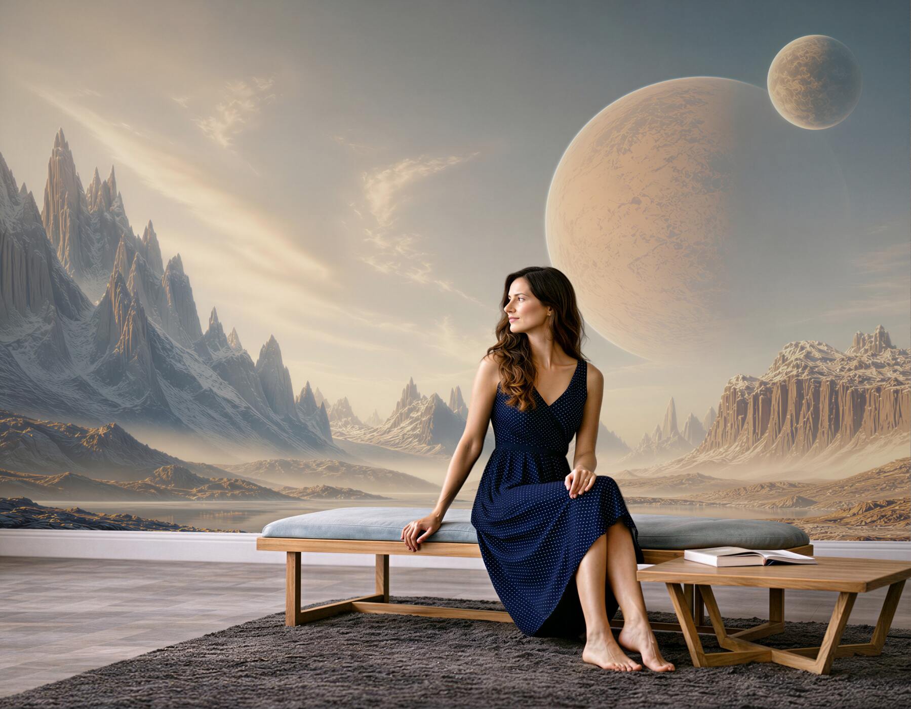 Fototapeta fantastyczny krajobraz z planetami i lodowymi górami