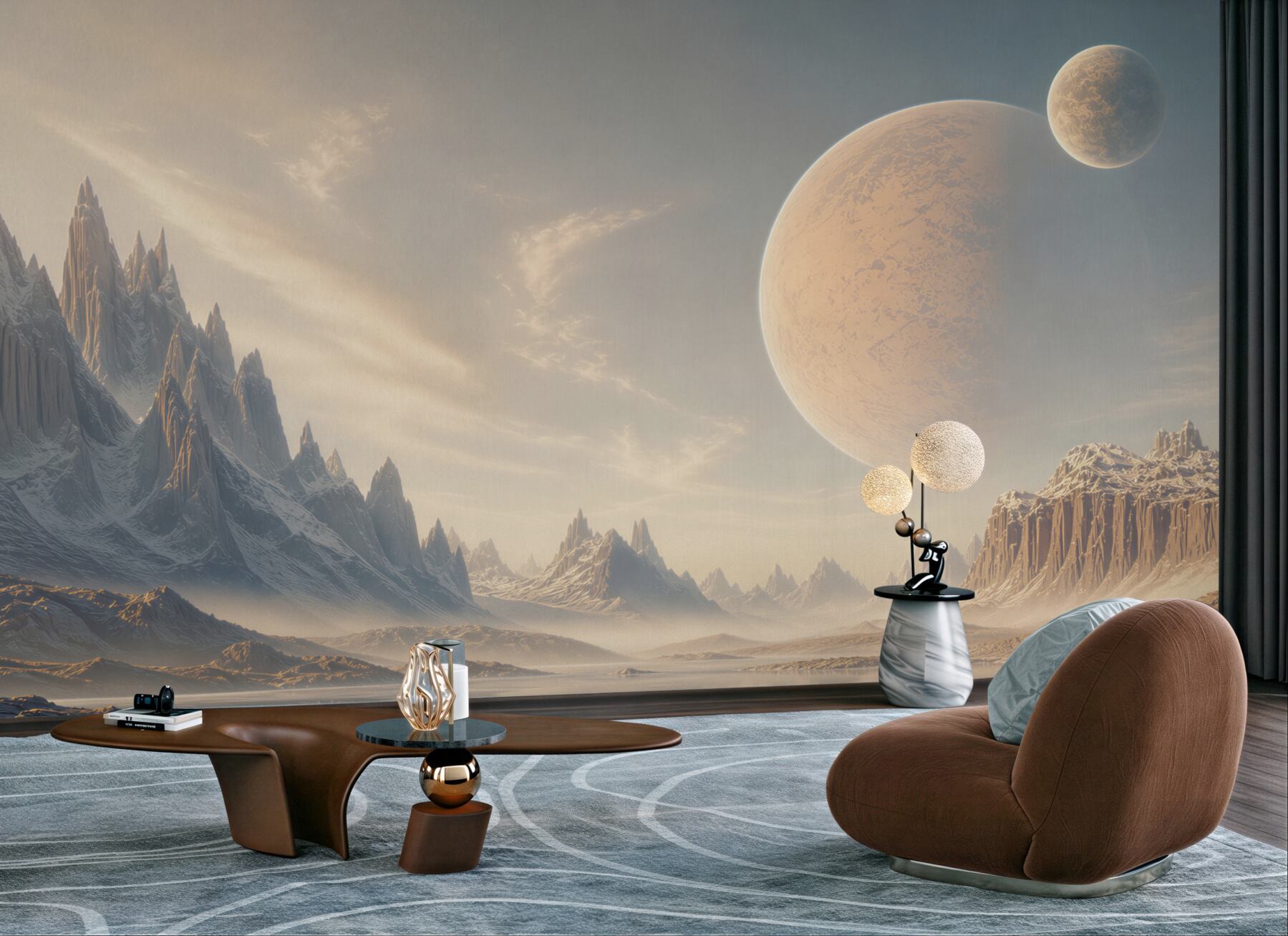 Fototapeta fantastyczny krajobraz z planetami i lodowymi górami