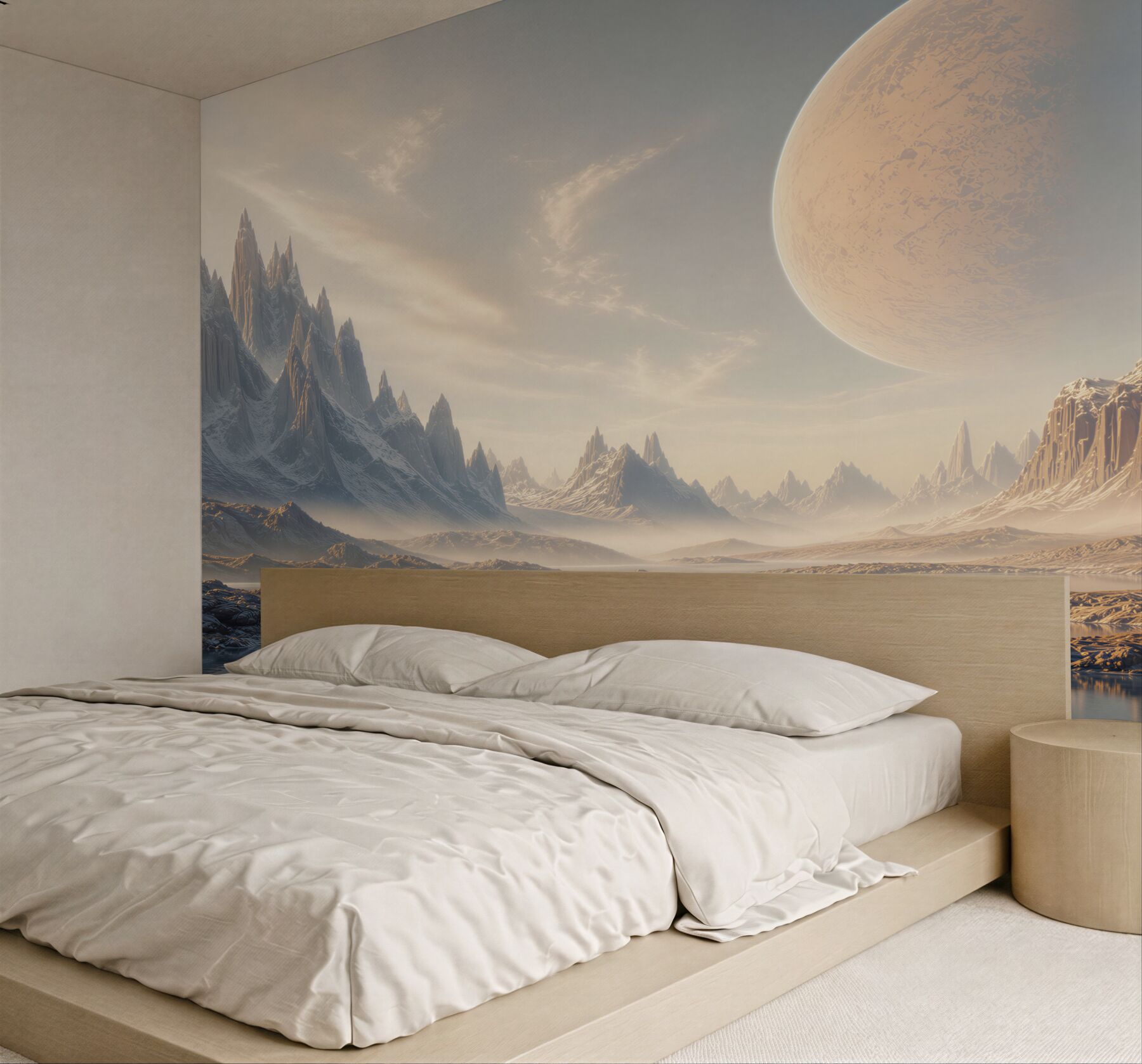Fototapeta fantastyczny krajobraz z planetami i lodowymi górami