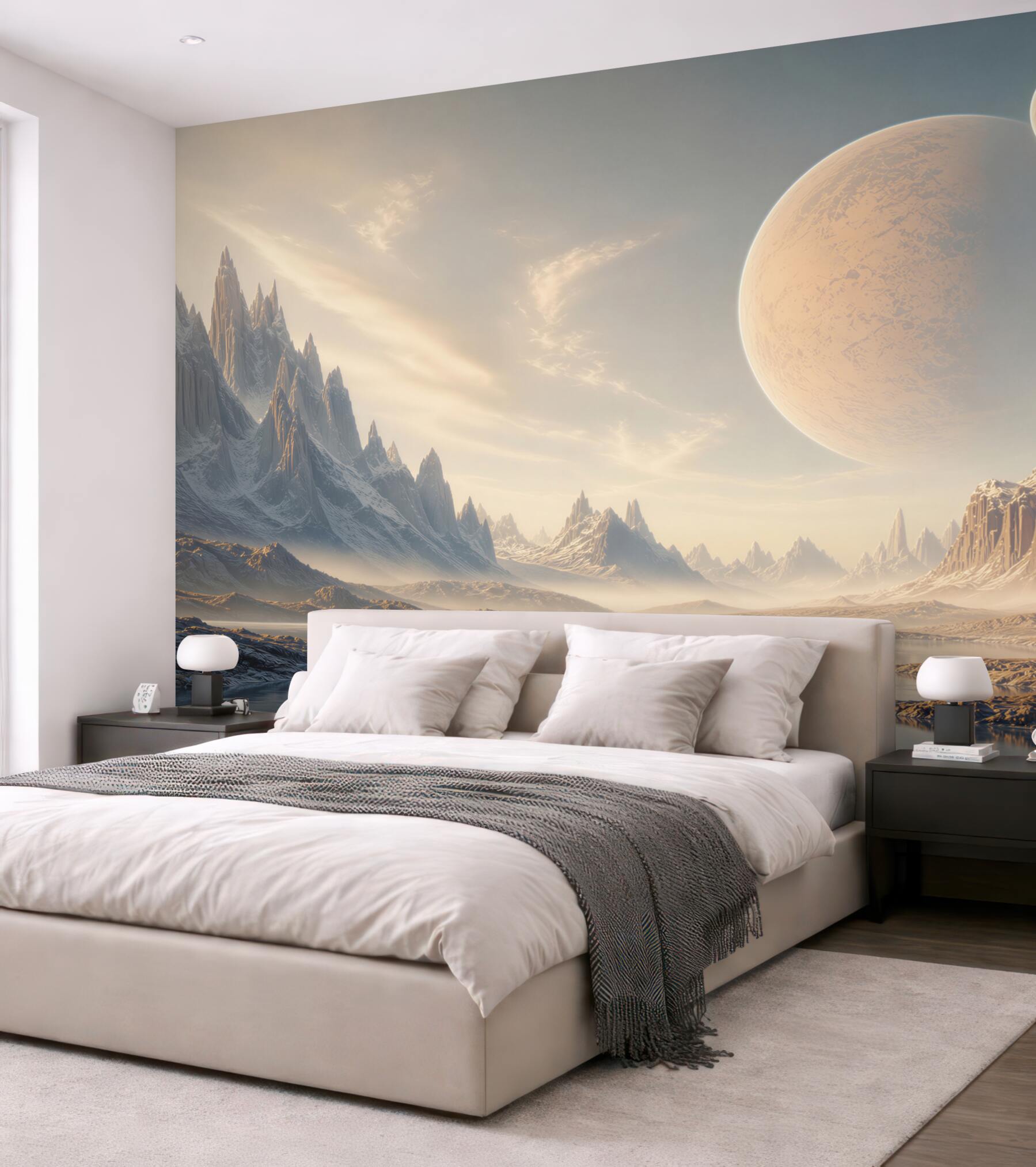 Fototapeta fantastyczny krajobraz z planetami i lodowymi górami