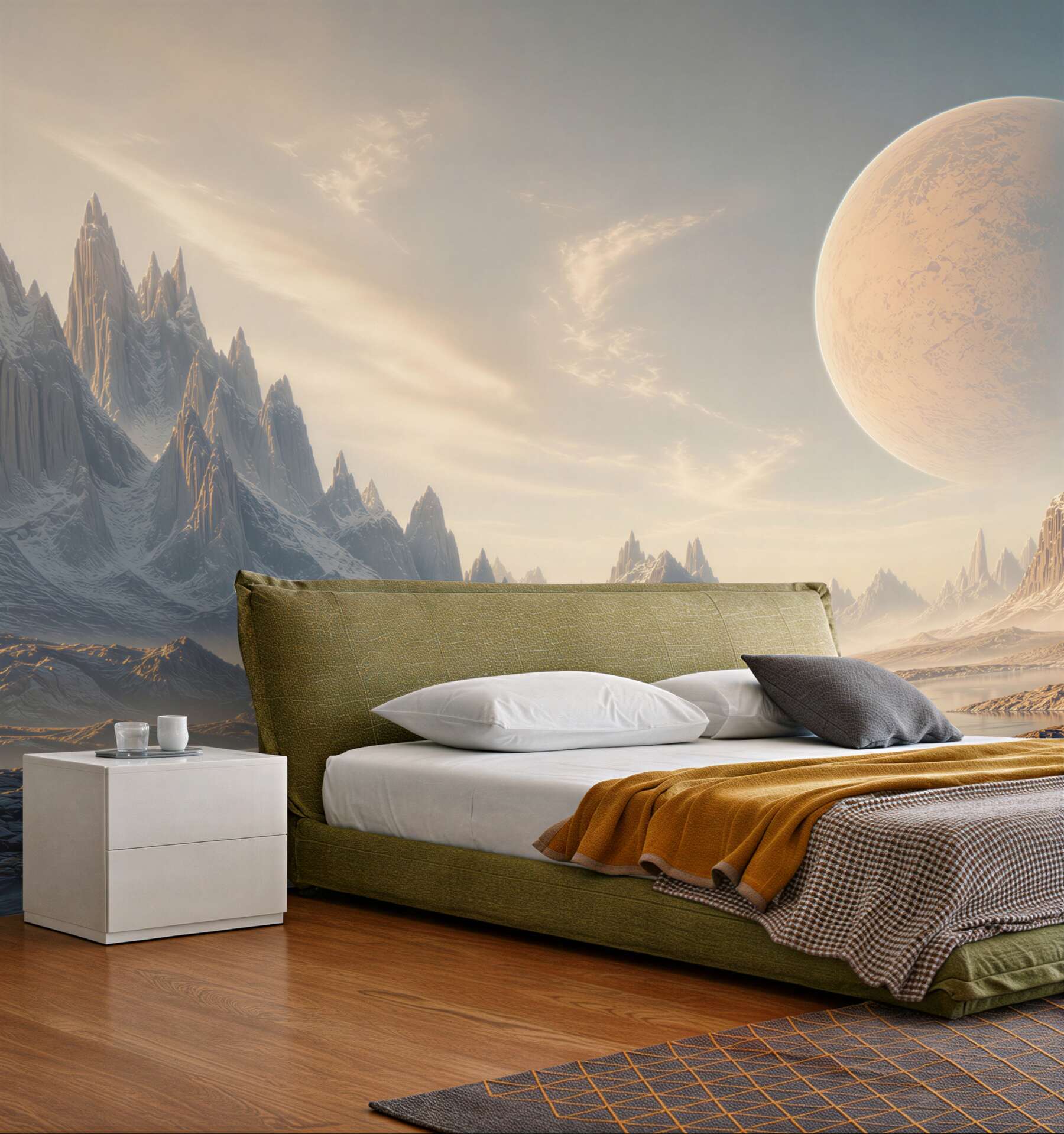 Fototapeta fantastyczny krajobraz z planetami i lodowymi górami