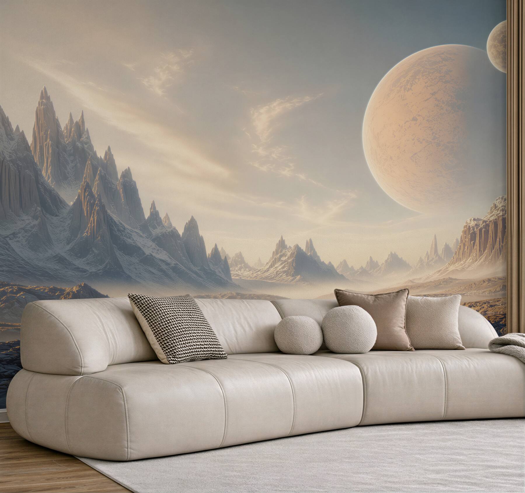 Fototapeta fantastyczny krajobraz z planetami i lodowymi górami