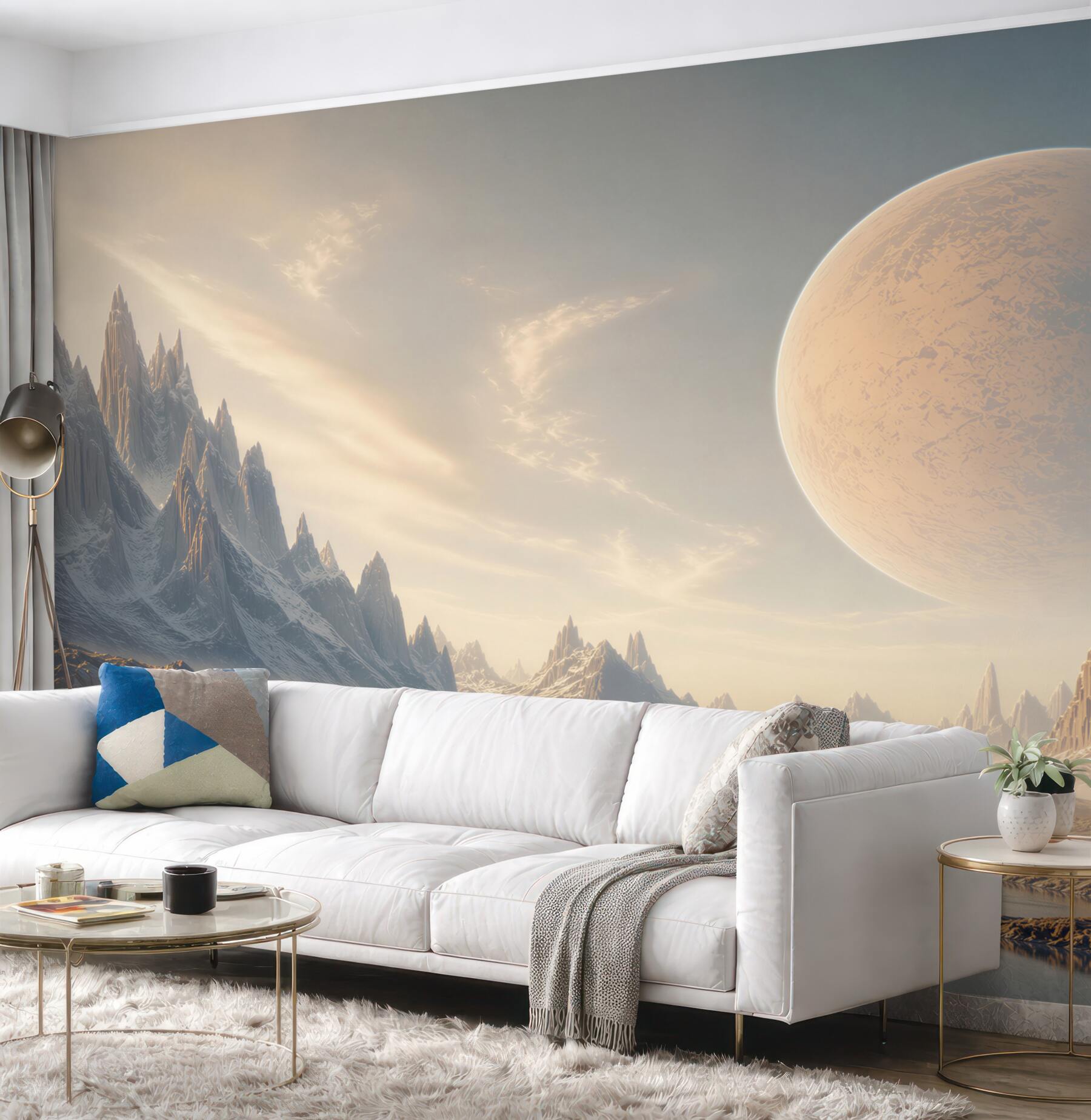 Fototapeta fantastyczny krajobraz z planetami i lodowymi górami