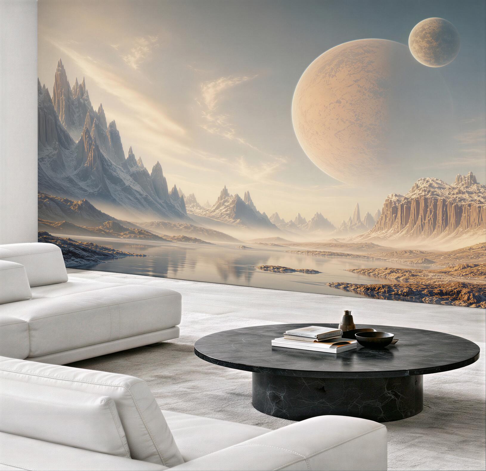 Fototapeta fantastyczny krajobraz z planetami i lodowymi górami