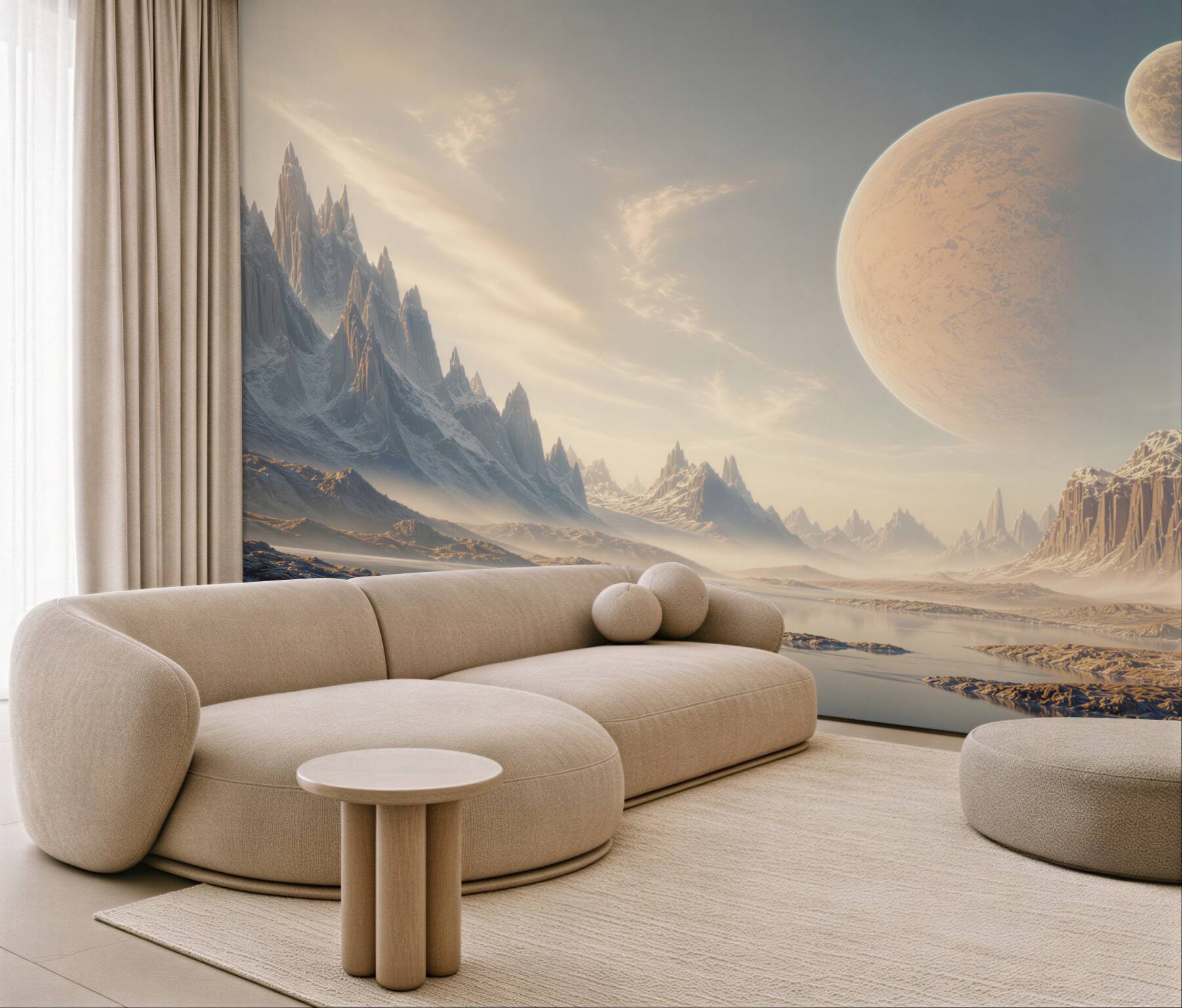 Fototapeta fantastyczny krajobraz z planetami i lodowymi górami
