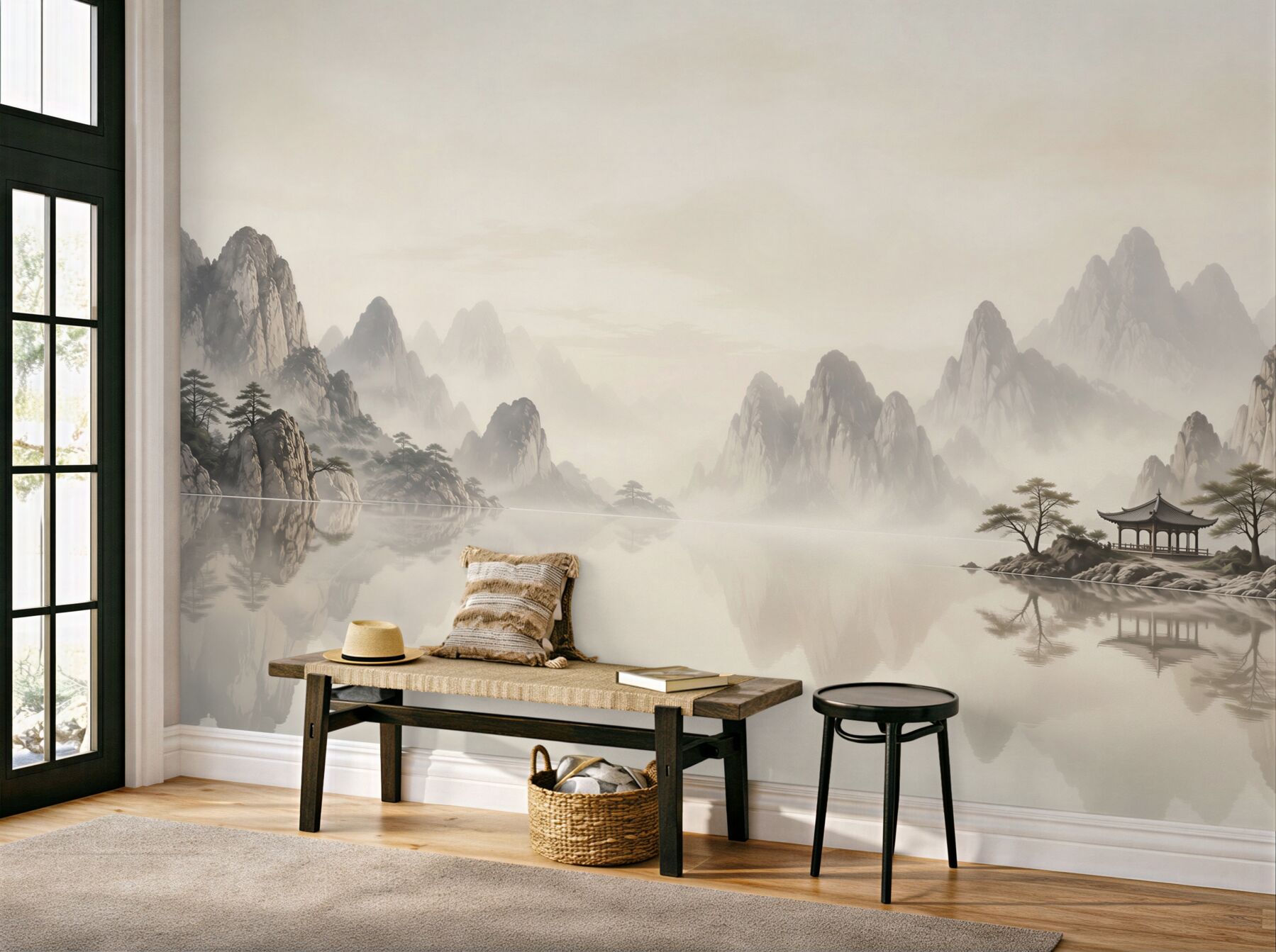 Fototapeta góry we mgle nad jeziorem w orientalnym stylu zen