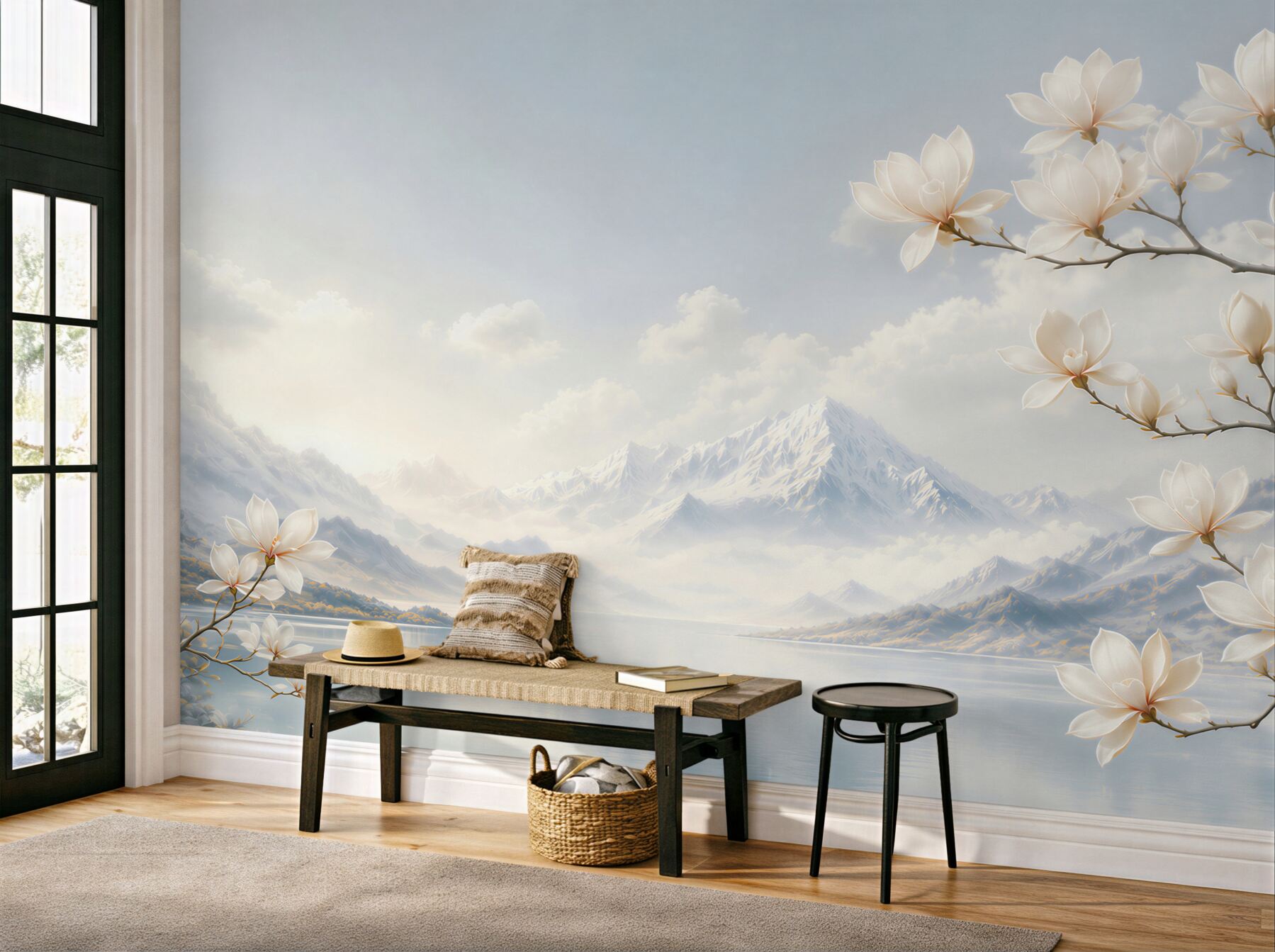 Fototapeta białe magnolie nad jeziorem i górami w pastelowych chmurach