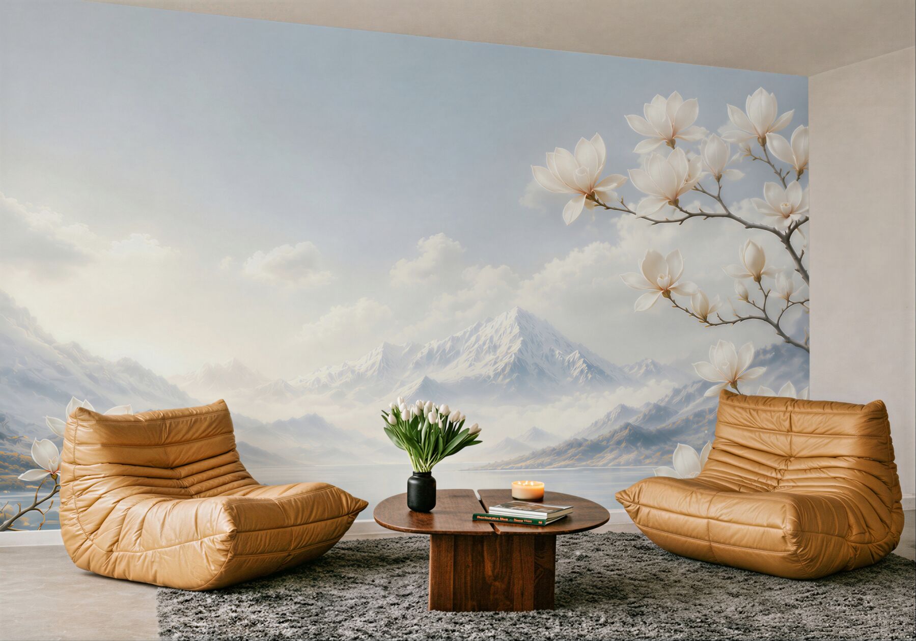 Fototapeta białe magnolie nad jeziorem i górami w pastelowych chmurach