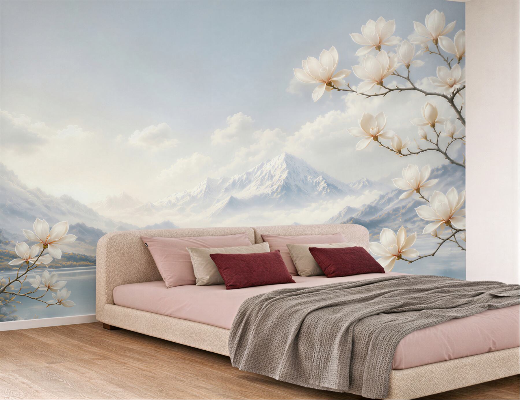 Fototapeta białe magnolie nad jeziorem i górami w pastelowych chmurach