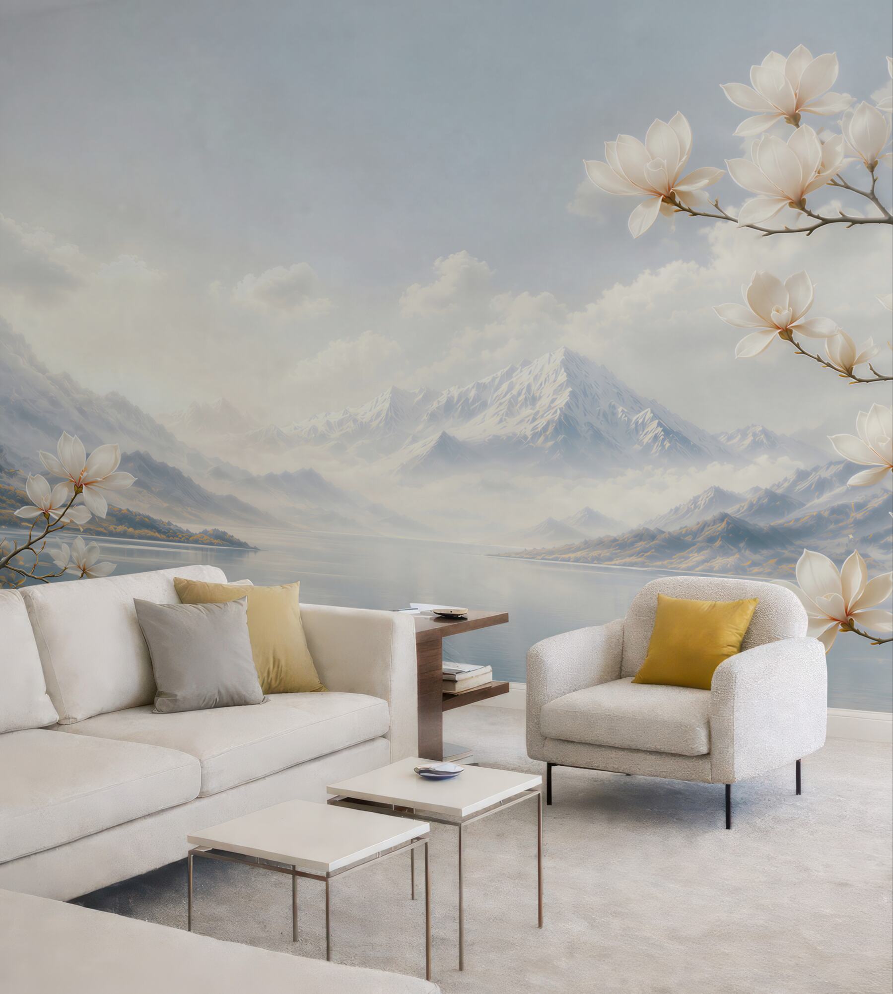 Fototapeta białe magnolie nad jeziorem i górami w pastelowych chmurach