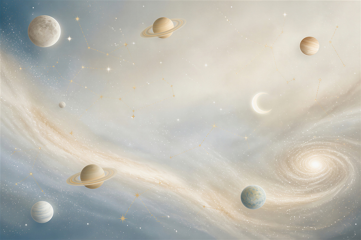 Fototapeta galaktyka z planetami i gwiazdozbiorami w pastelowym niebie