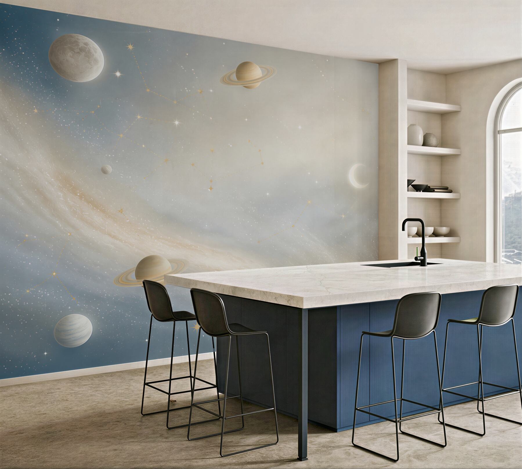 Fototapeta galaktyka z planetami i gwiazdozbiorami w pastelowym niebie