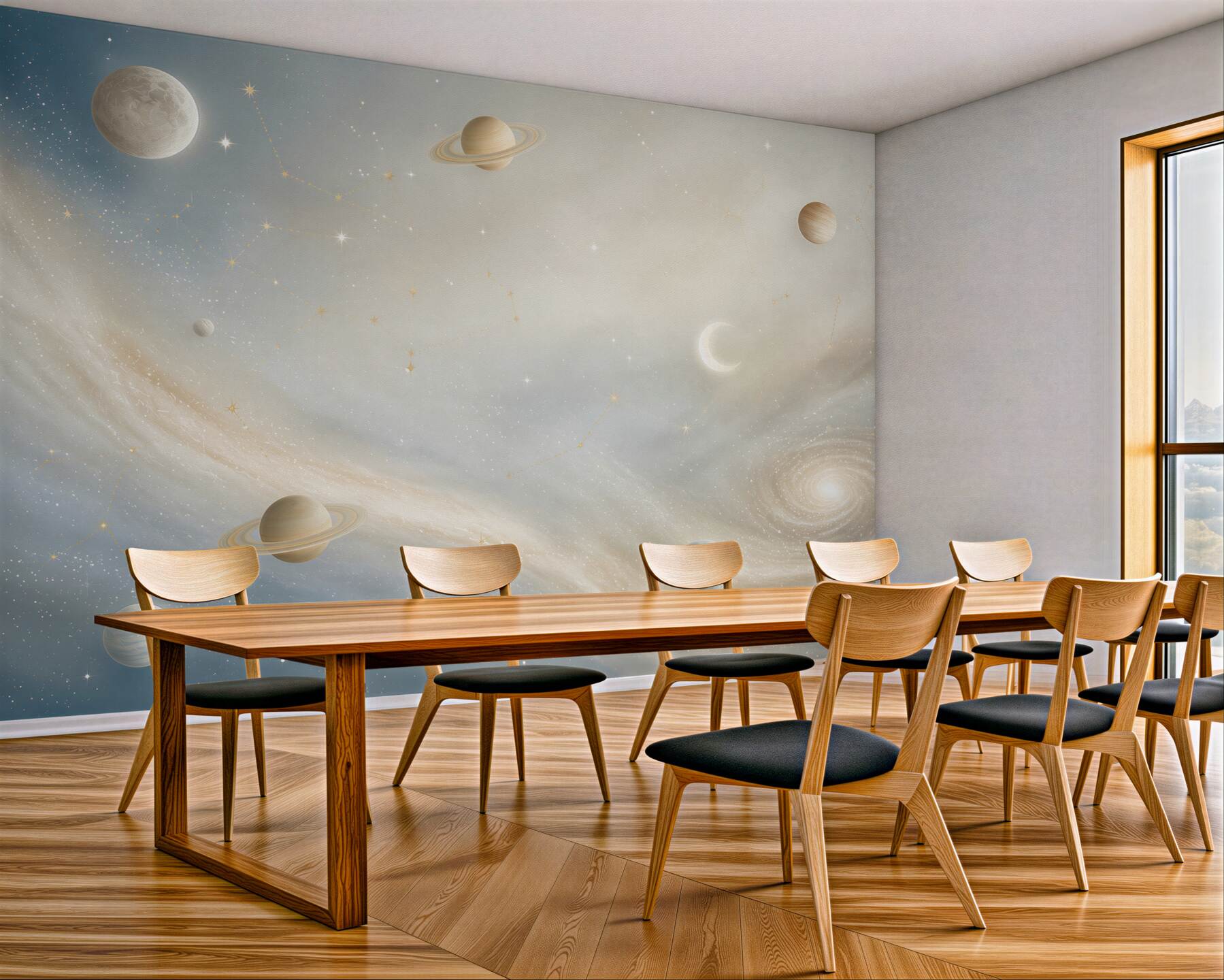 Fototapeta galaktyka z planetami i gwiazdozbiorami w pastelowym niebie