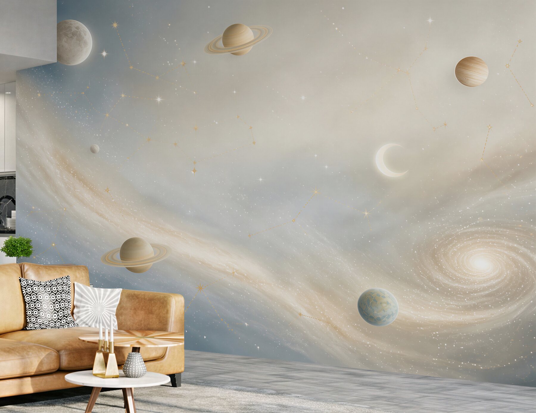 Fototapeta galaktyka z planetami i gwiazdozbiorami w pastelowym niebie