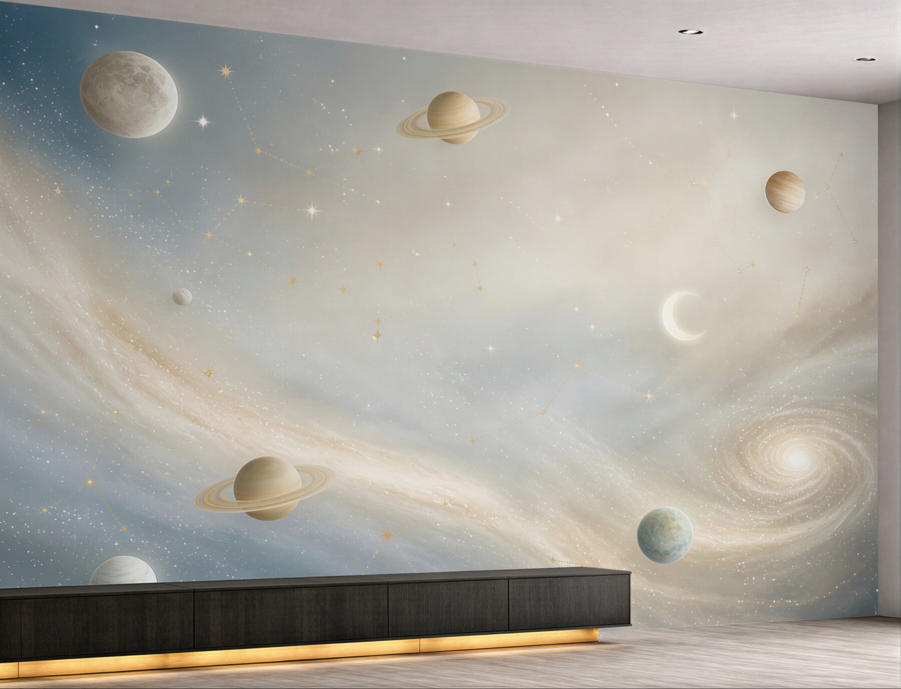 Fototapeta galaktyka z planetami i gwiazdozbiorami w pastelowym niebie