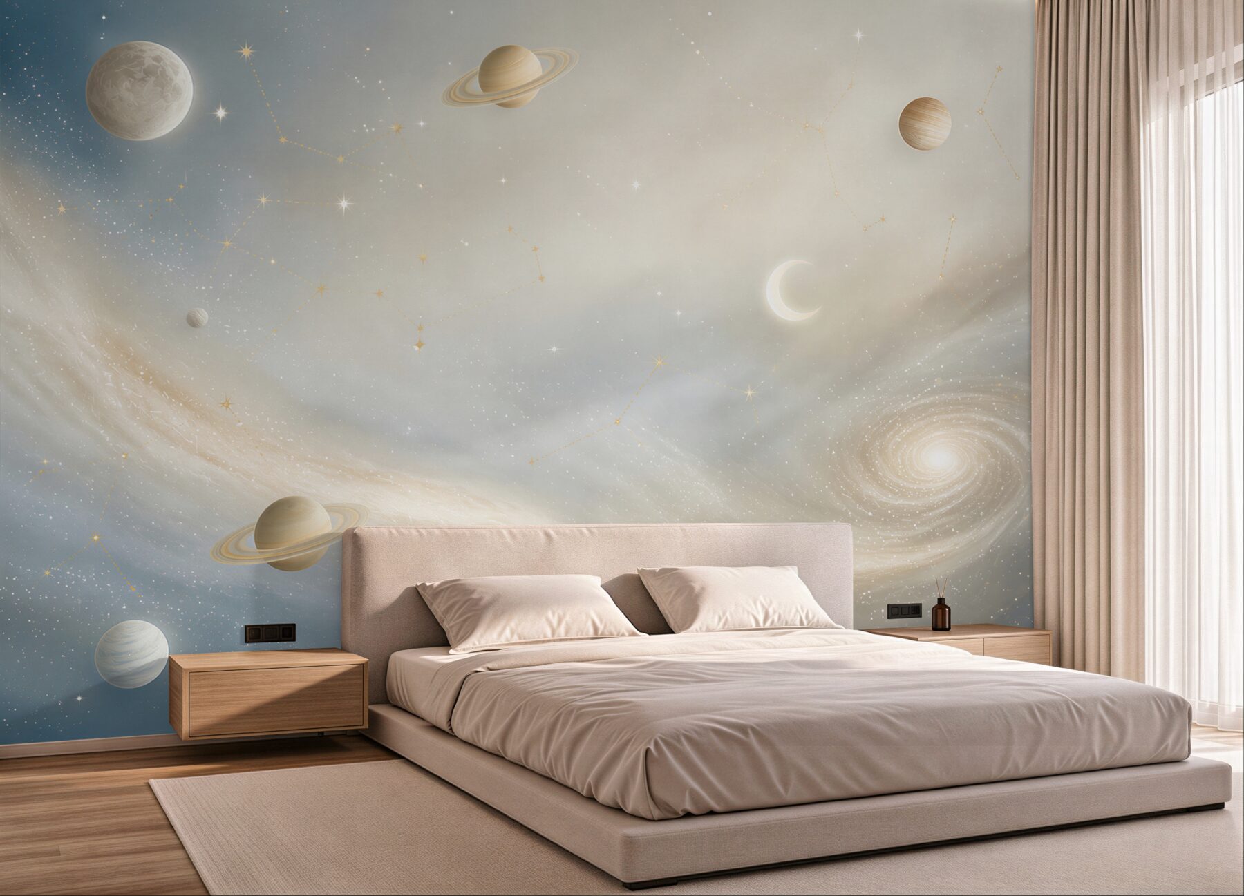 Fototapeta galaktyka z planetami i gwiazdozbiorami w pastelowym niebie