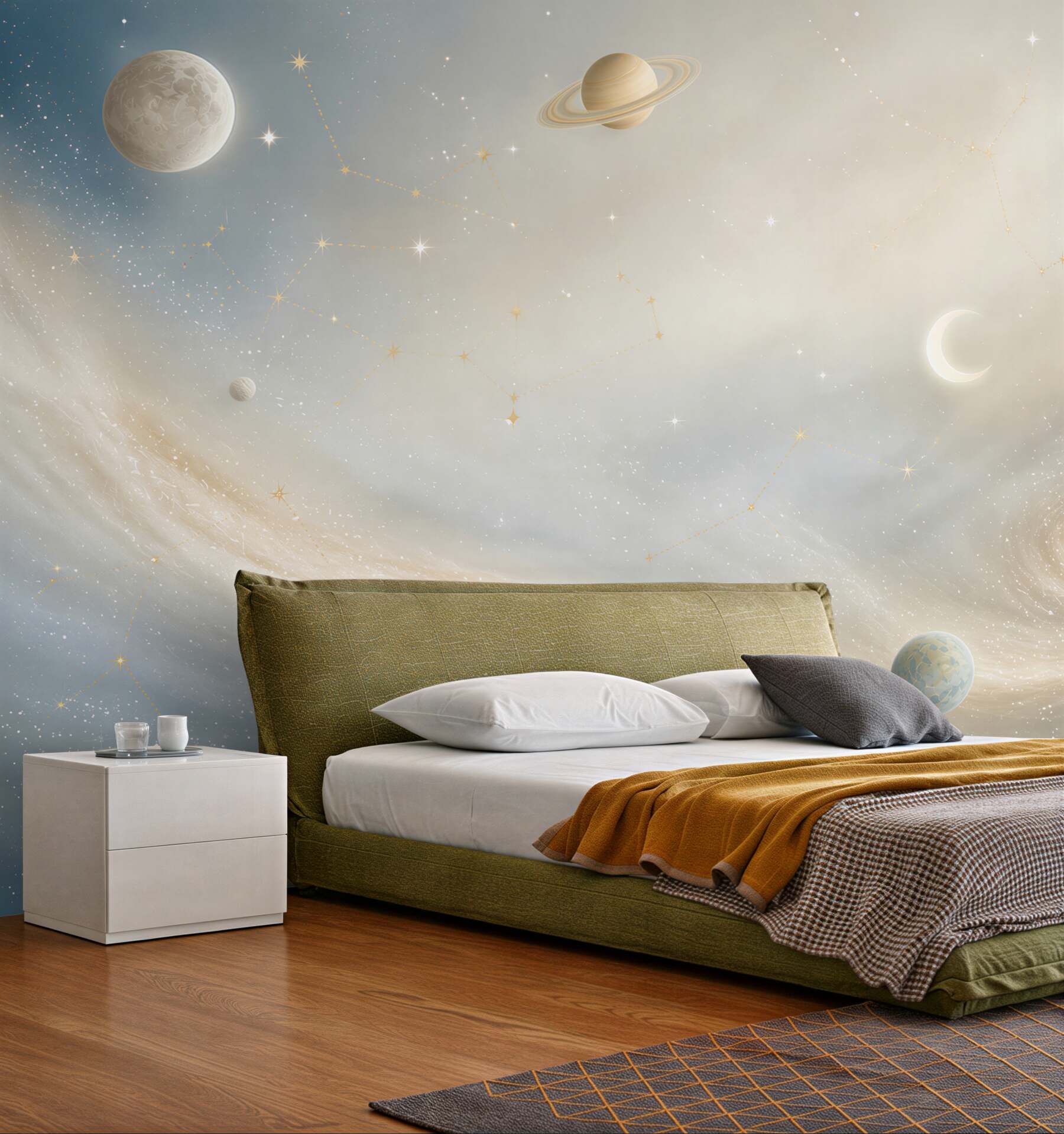 Fototapeta galaktyka z planetami i gwiazdozbiorami w pastelowym niebie