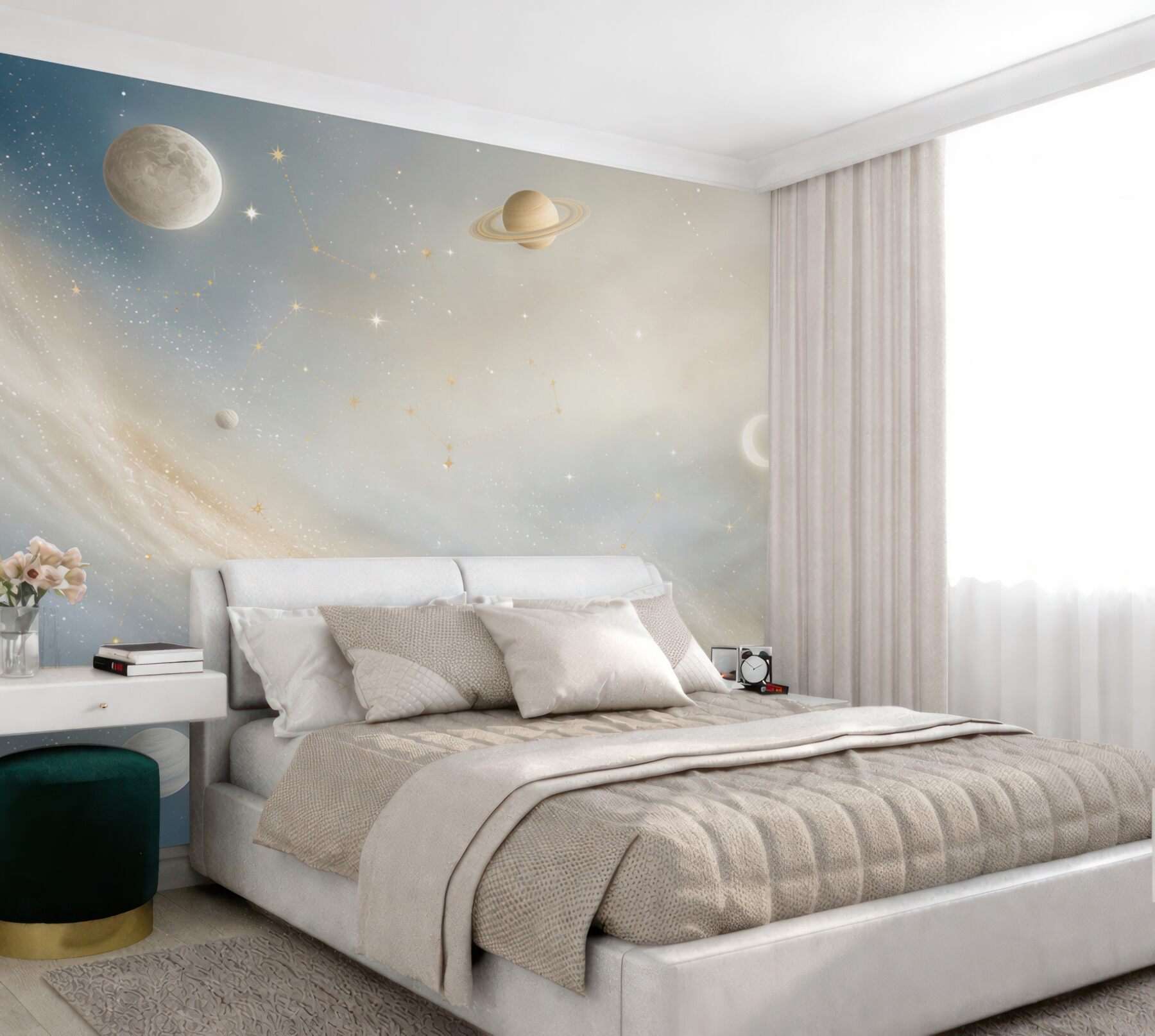 Fototapeta galaktyka z planetami i gwiazdozbiorami w pastelowym niebie