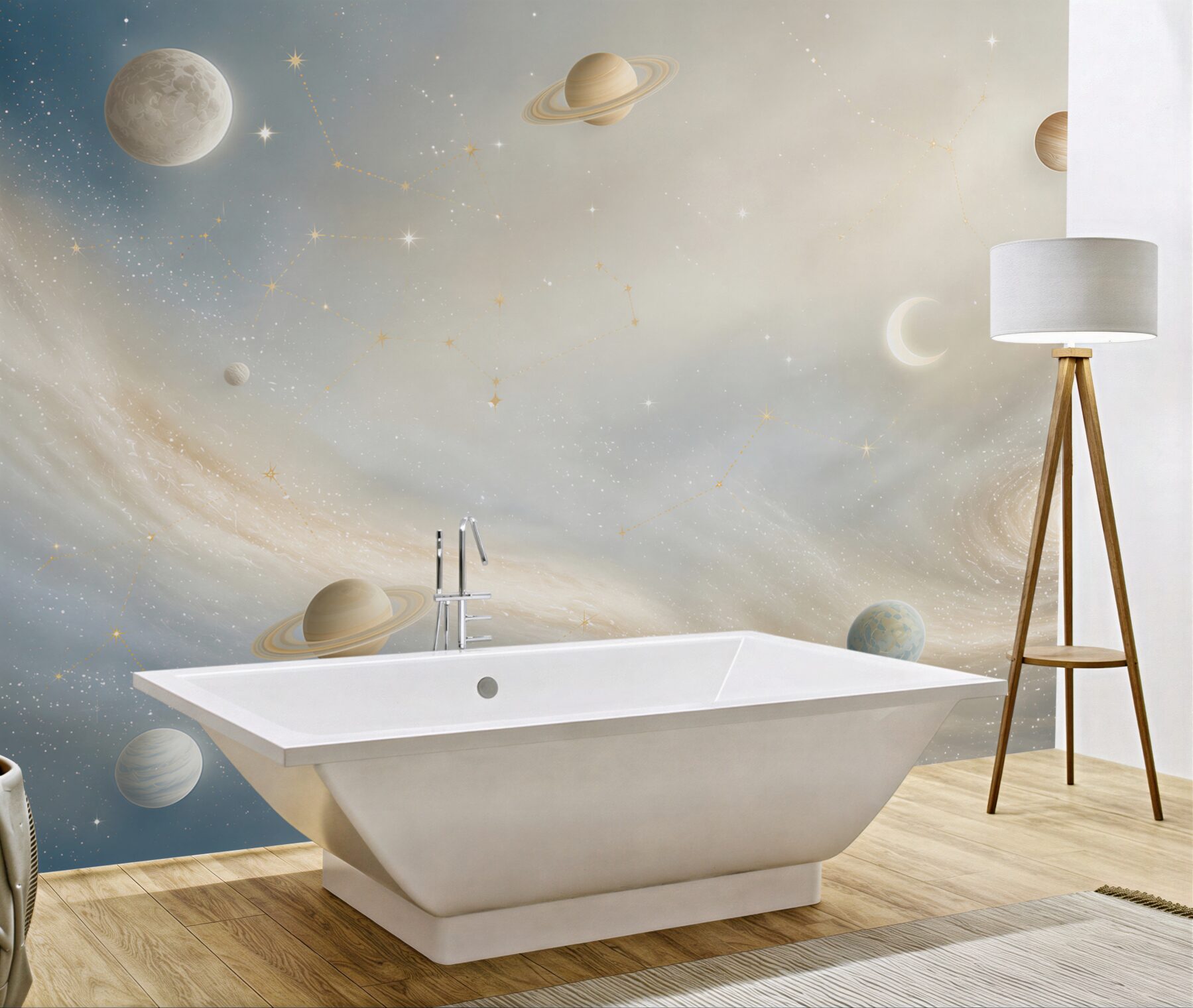 Fototapeta galaktyka z planetami i gwiazdozbiorami w pastelowym niebie