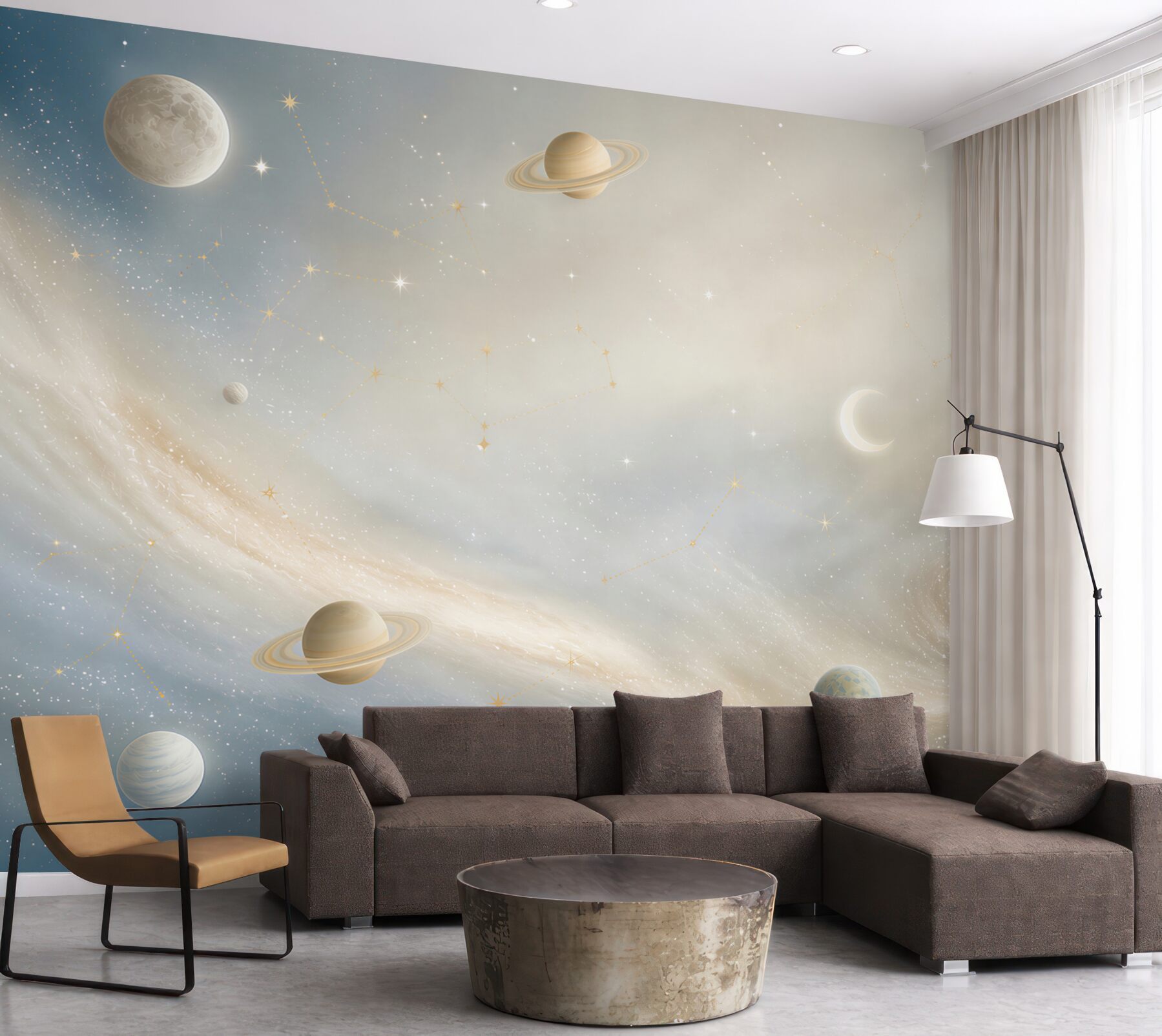 Fototapeta galaktyka z planetami i gwiazdozbiorami w pastelowym niebie