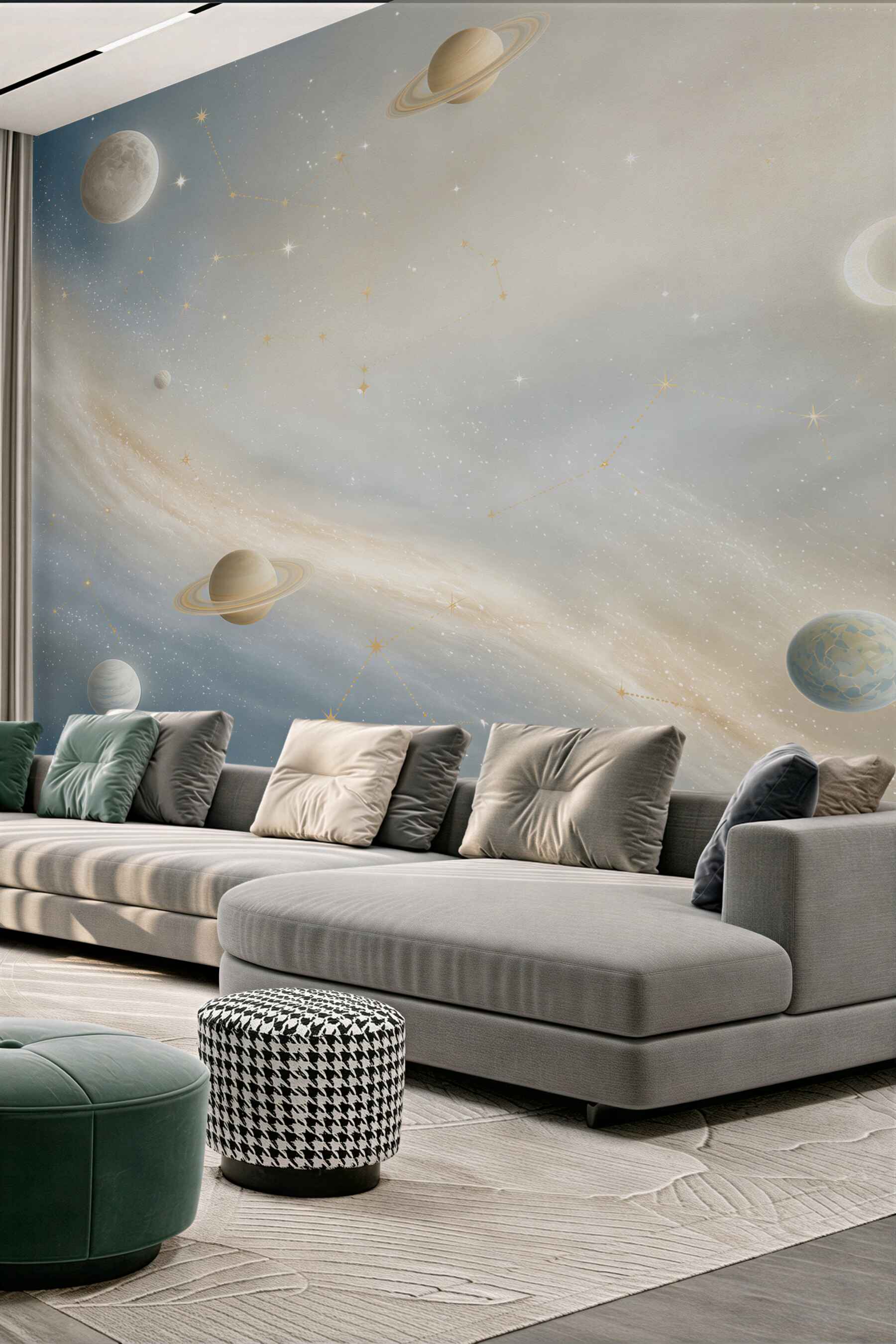 Fototapeta galaktyka z planetami i gwiazdozbiorami w pastelowym niebie