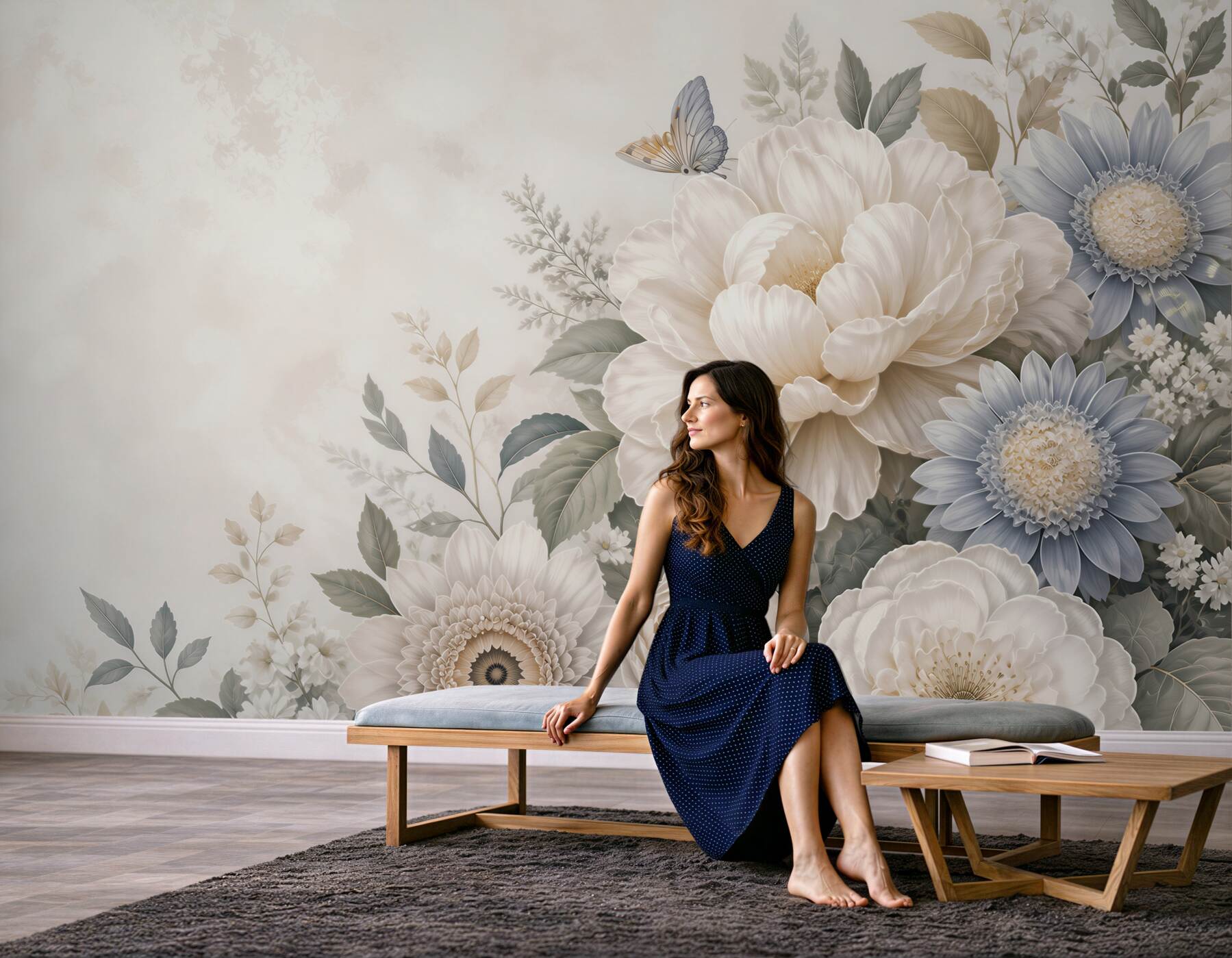 Fototapeta duże kwiaty beżowo niebieskie romantyczna kompozycja floral
