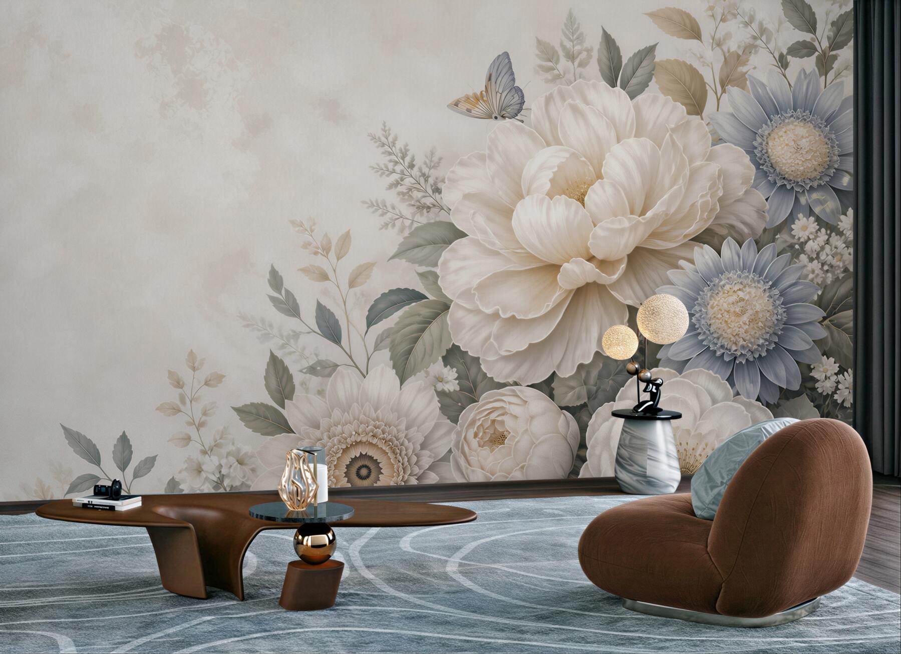 Fototapeta duże kwiaty beżowo niebieskie romantyczna kompozycja floral