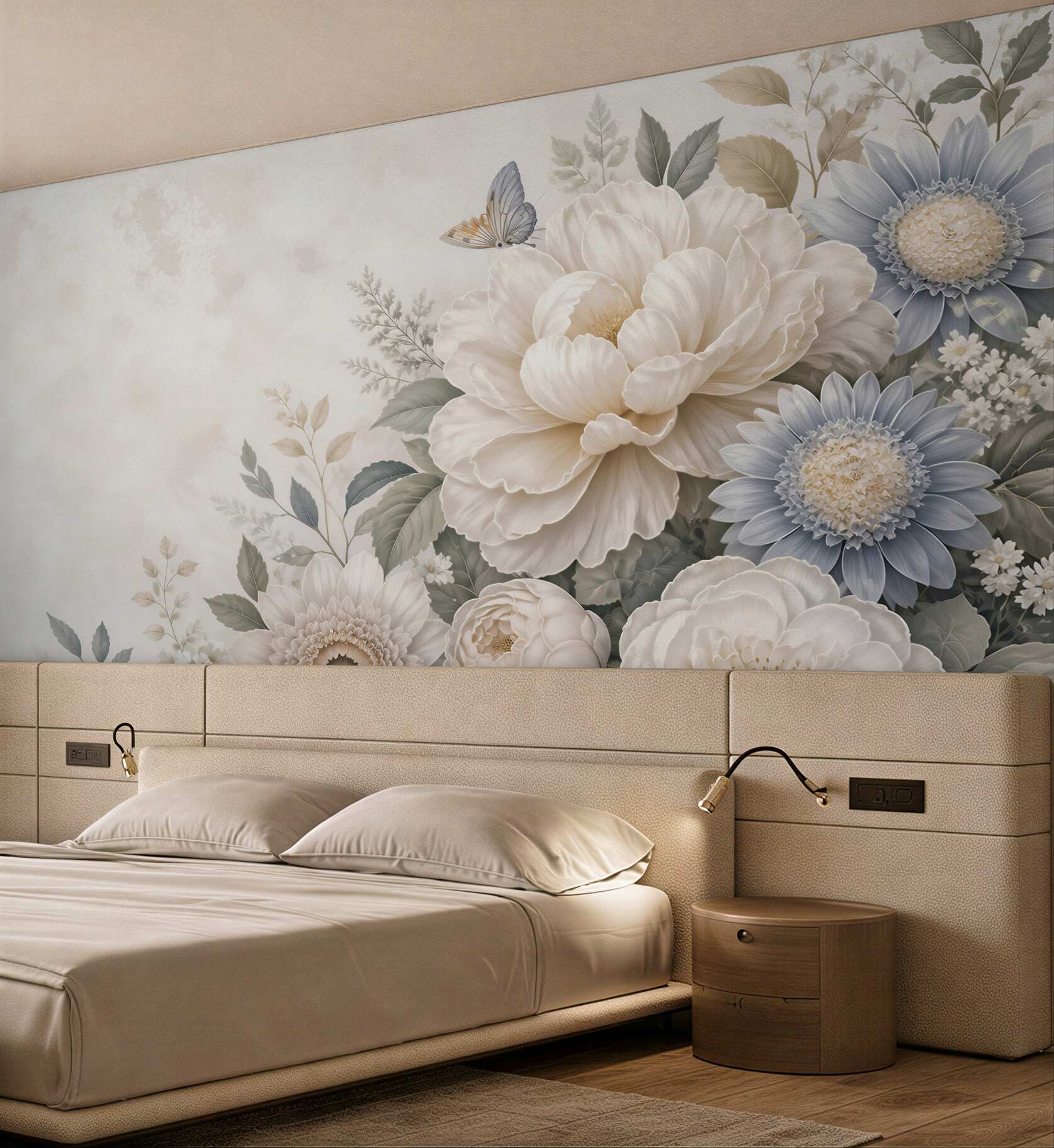 Fototapeta duże kwiaty beżowo niebieskie romantyczna kompozycja floral