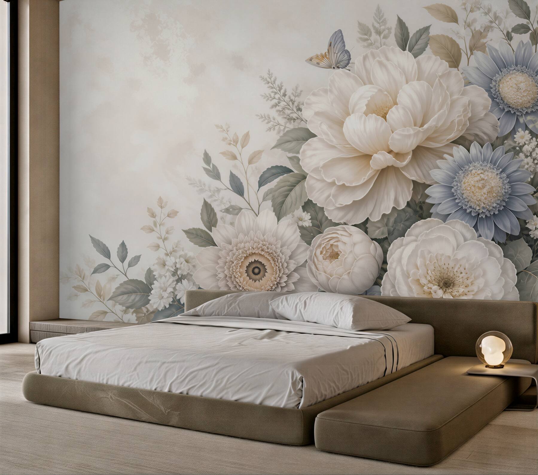 Fototapeta duże kwiaty beżowo niebieskie romantyczna kompozycja floral