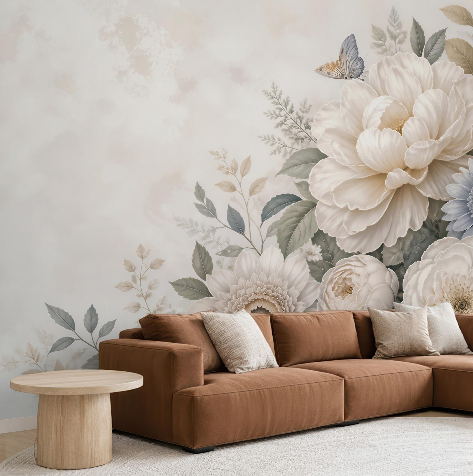 Fototapeta duże kwiaty beżowo niebieskie romantyczna kompozycja floral