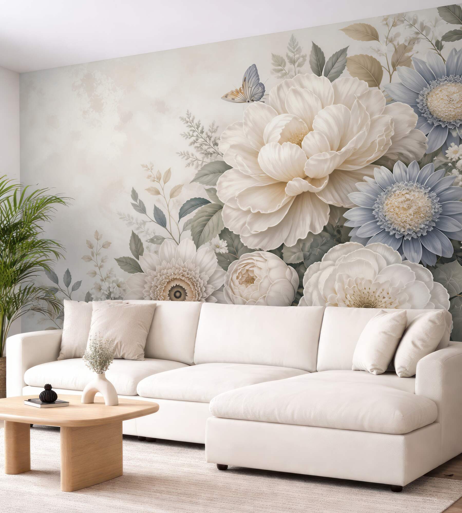 Fototapeta duże kwiaty beżowo niebieskie romantyczna kompozycja floral