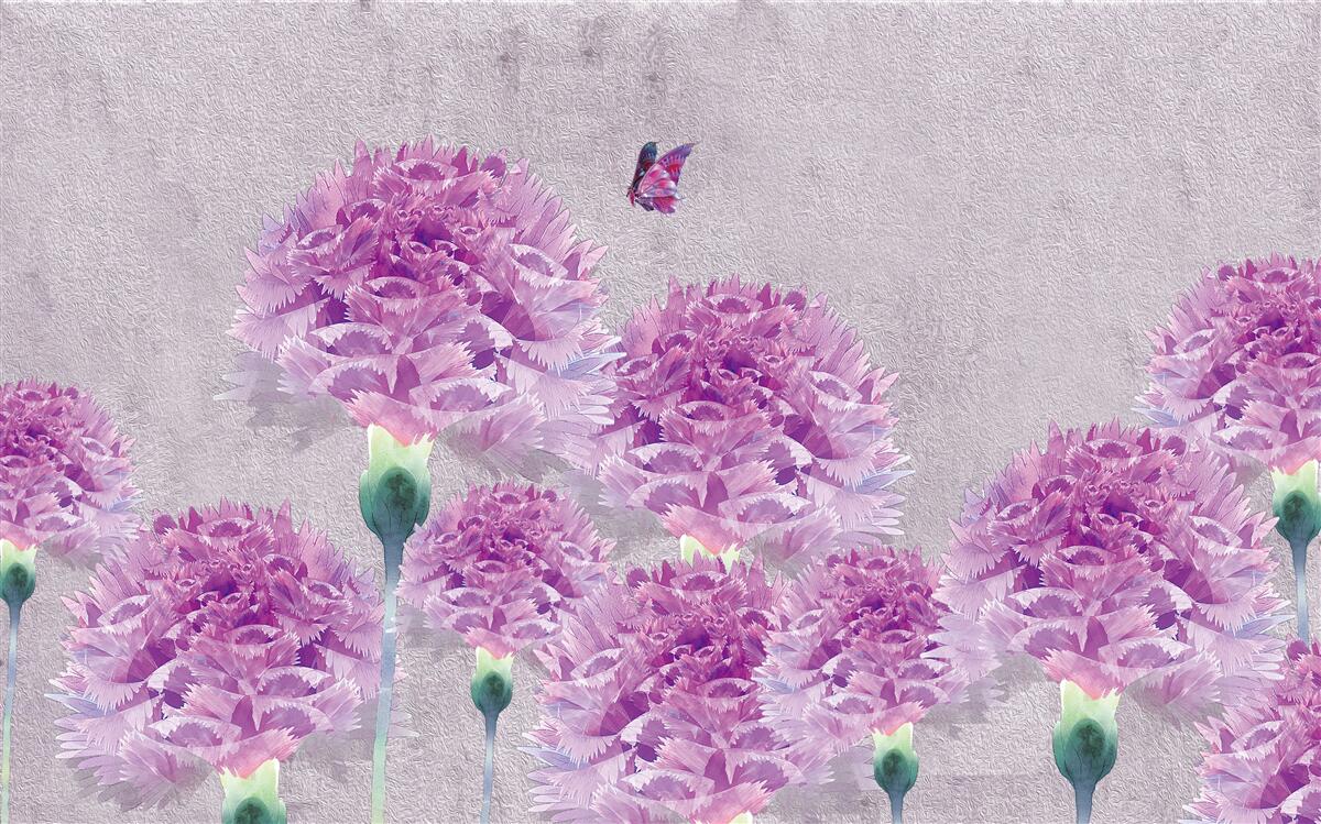 Fototapet garoafe mari liliac și fluture