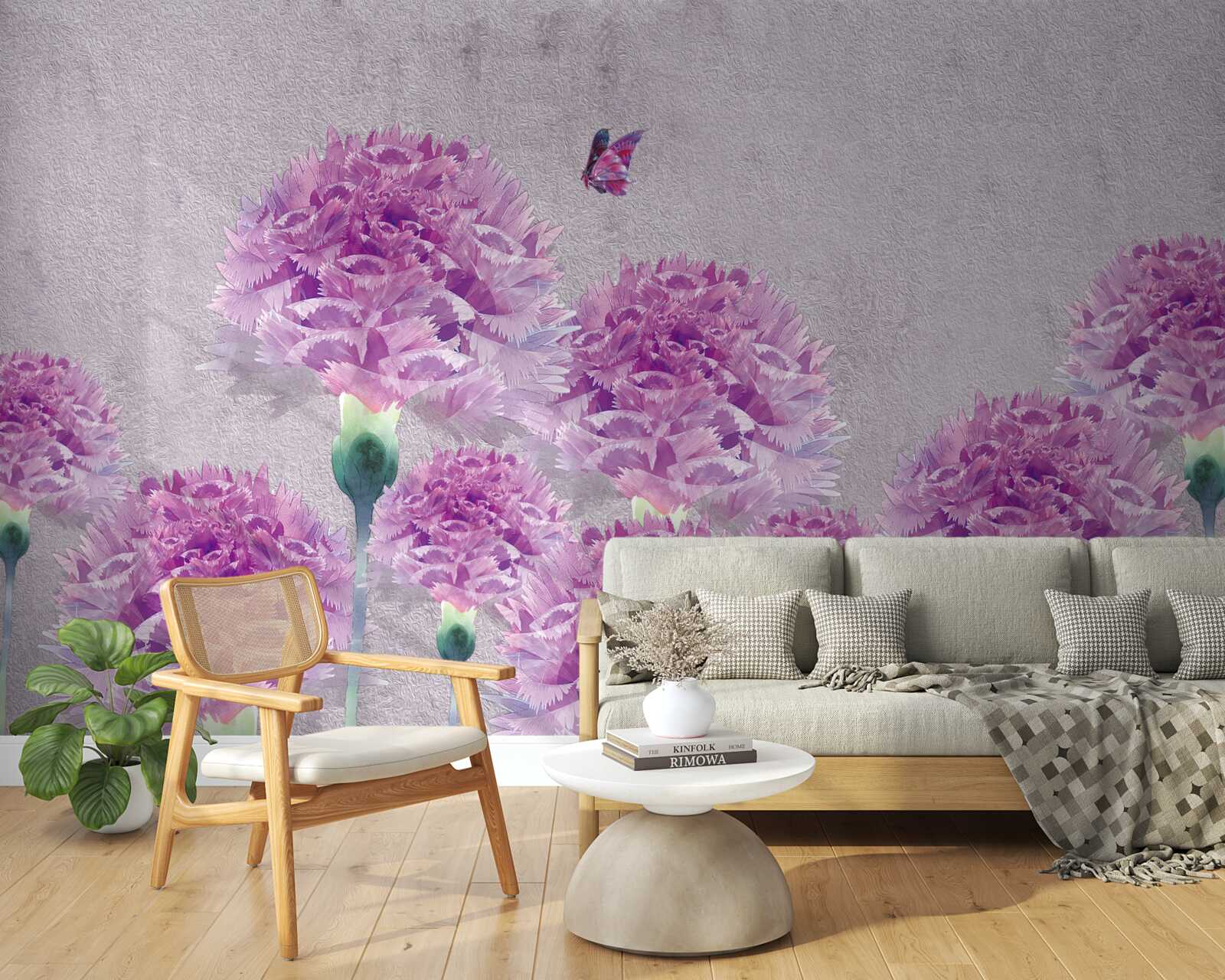 Fototapet garoafe mari liliac și fluture