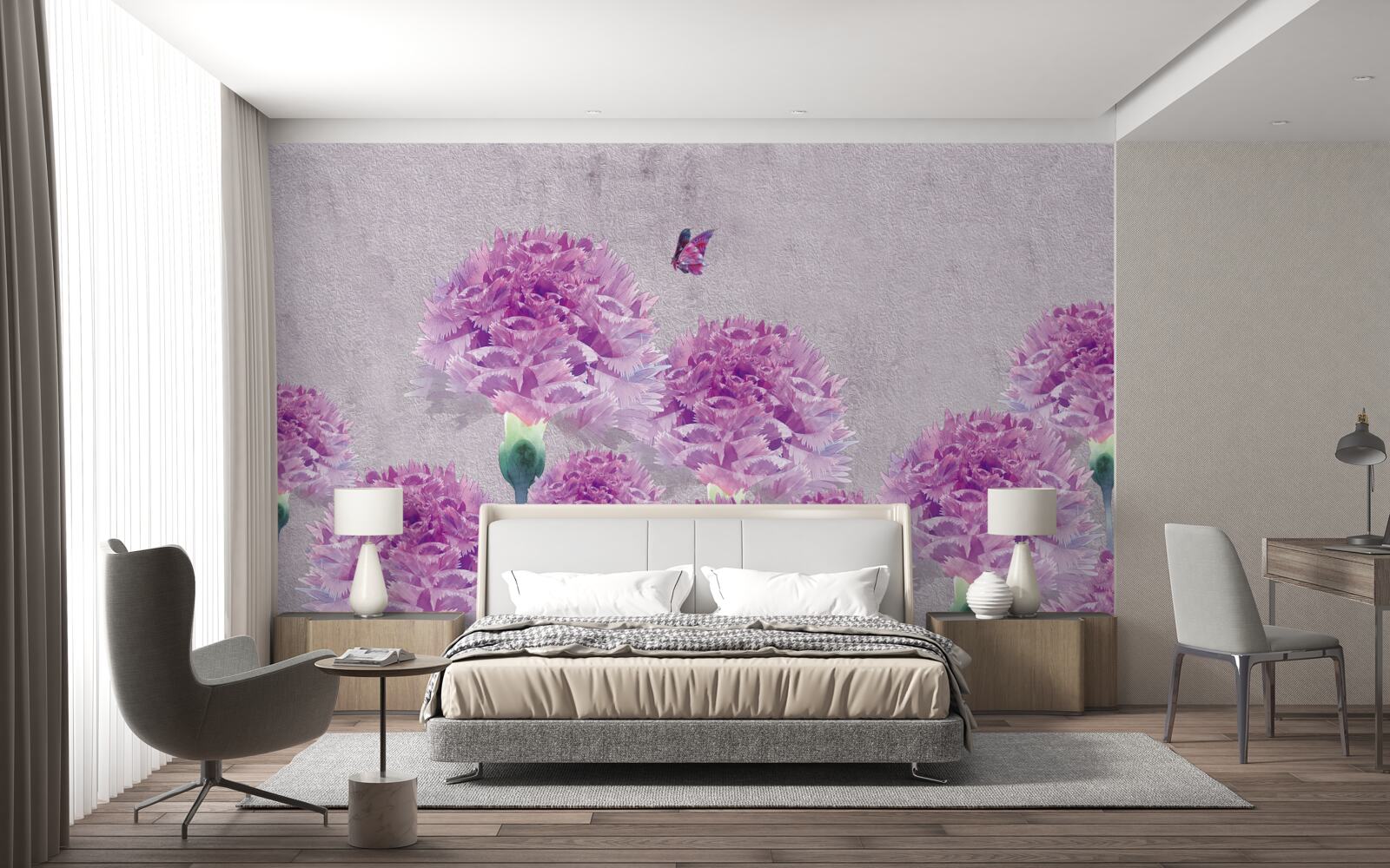 Fototapet garoafe mari liliac și fluture