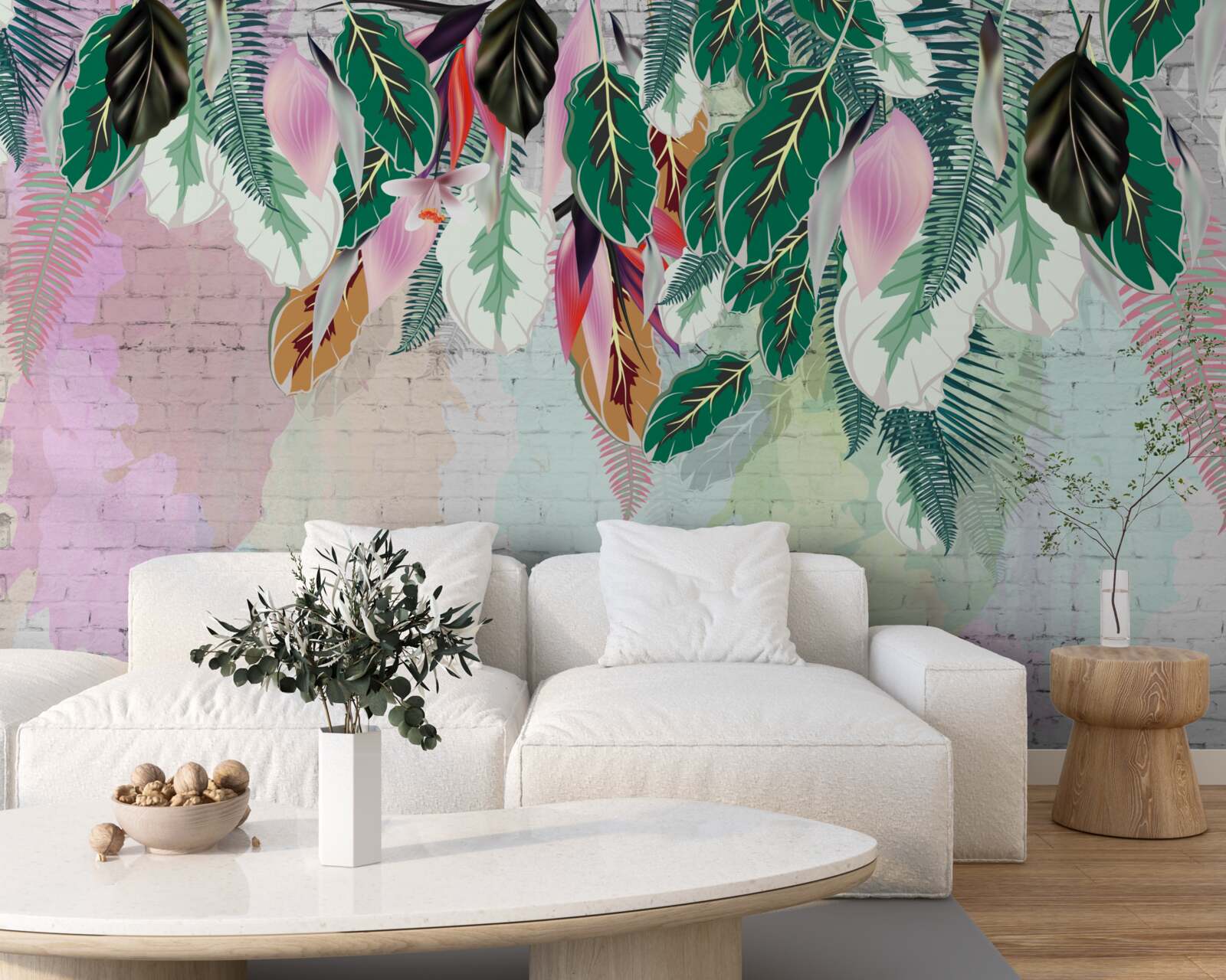 Fototapet frunze tropicale pe un fundal roz