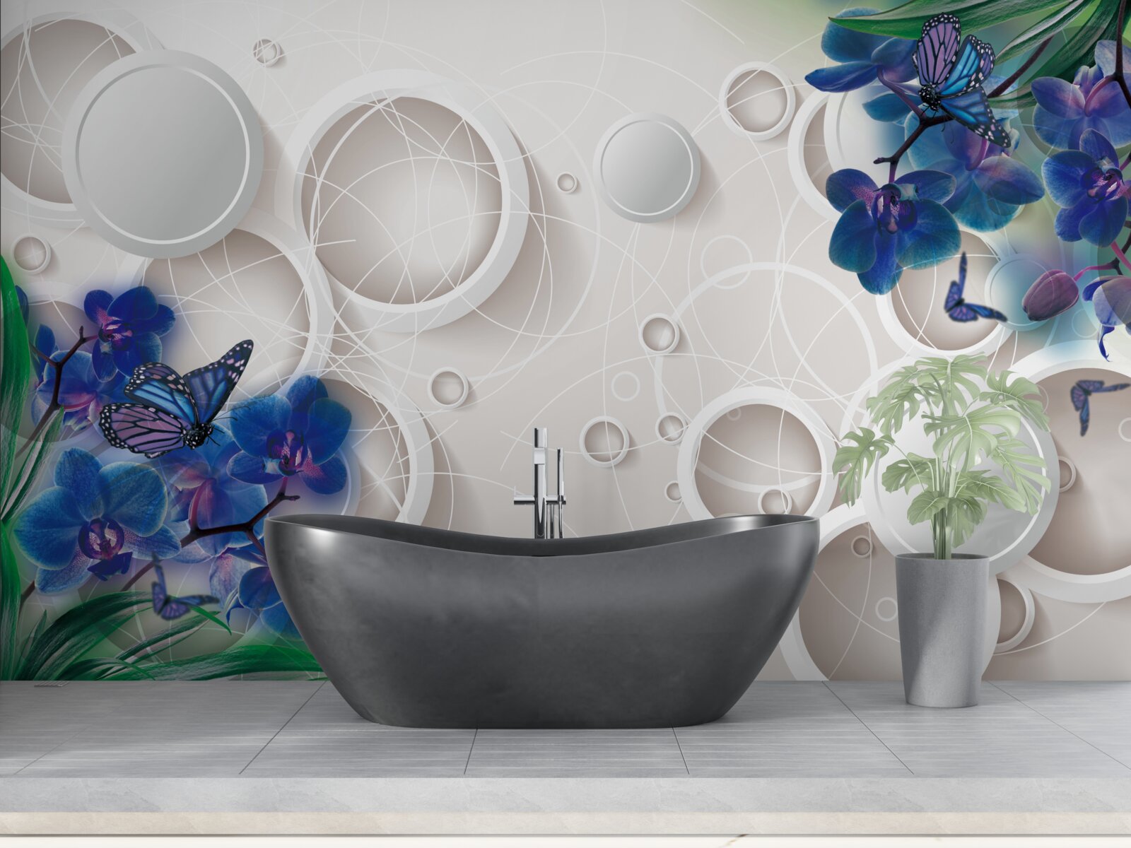 Fototapet fundalul geometric este decorat cu ramuri de orhidee albastre