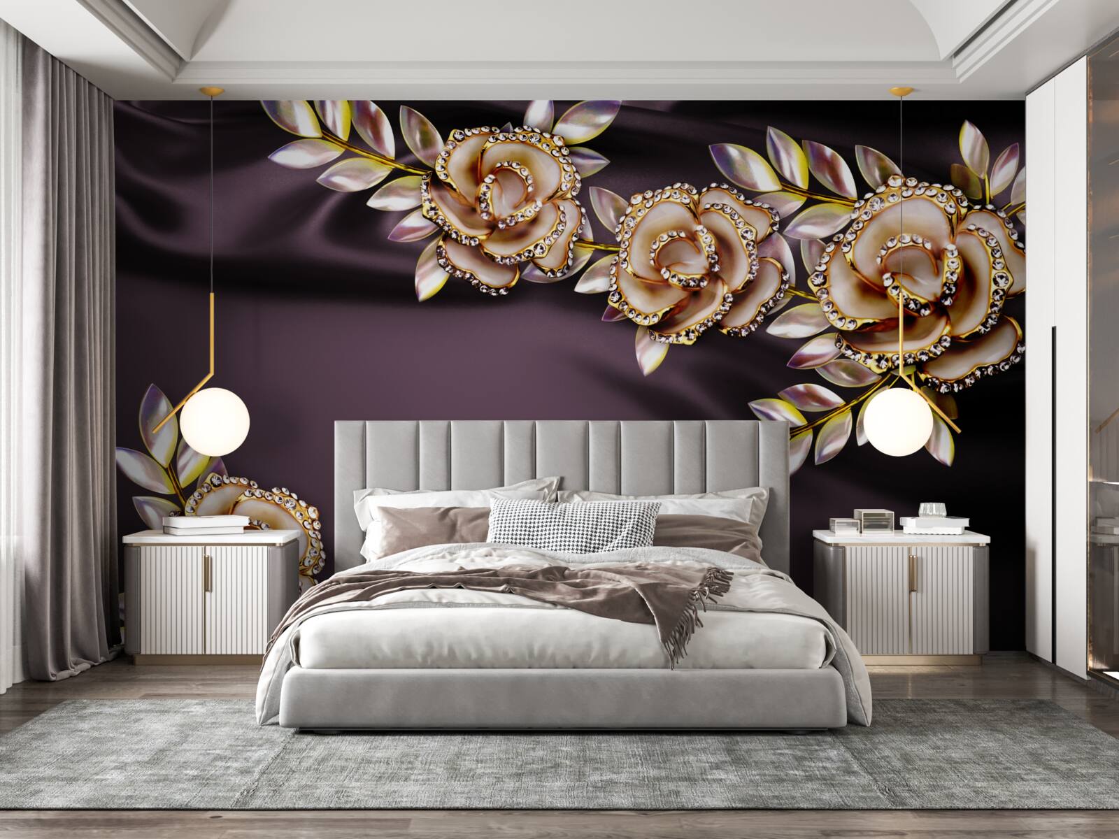 Fototapet trandafiri din aur cu frunze ca decor