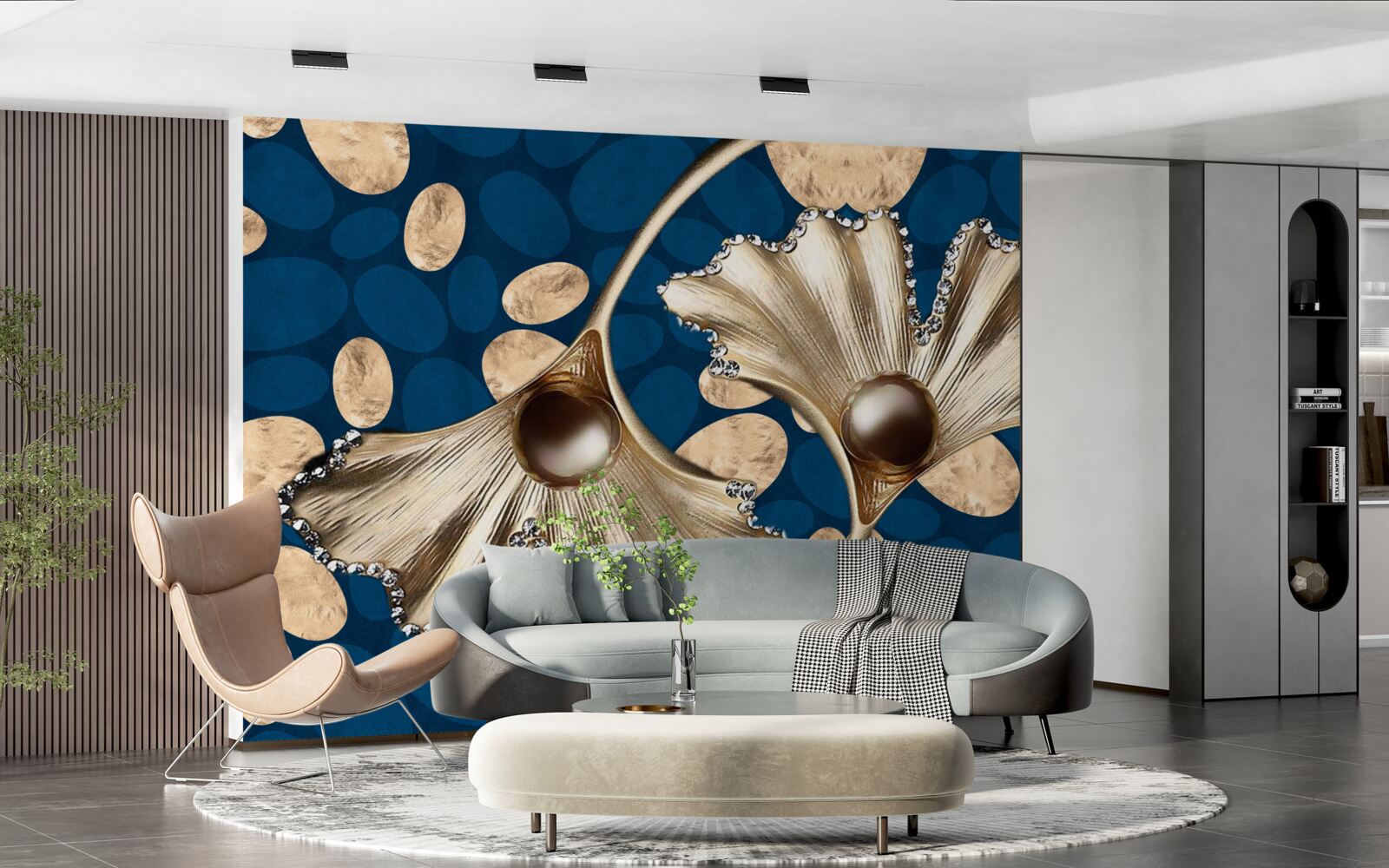 Fototapet fundalul albastru este decorat cu flori aurii