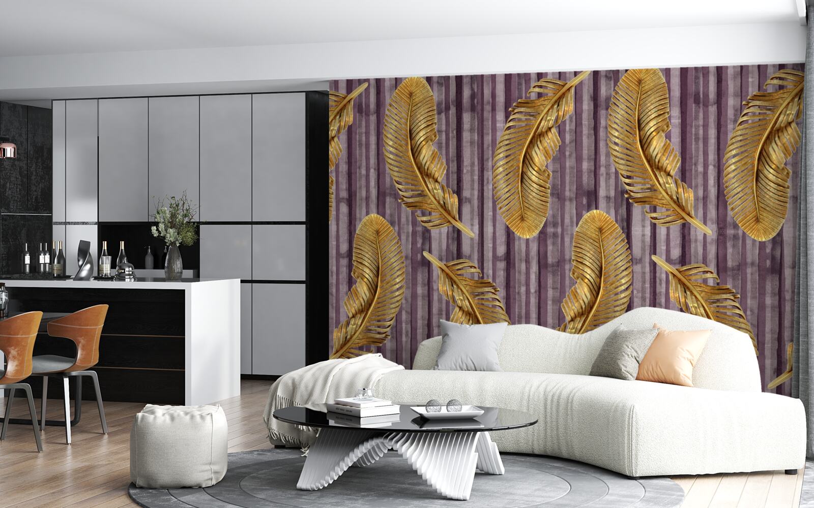 Fototapet fundal violet decorat cu pene aurii