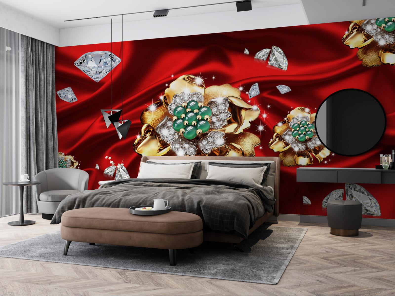 Fototapet flori din aur și decorate cu diamante sunt așezate pe mătase roșie
