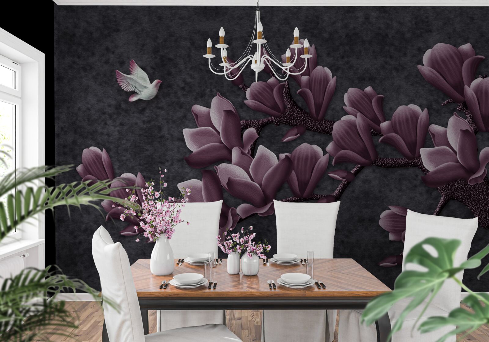 Fototapet nuanță de liliac de pasăre și magnolie