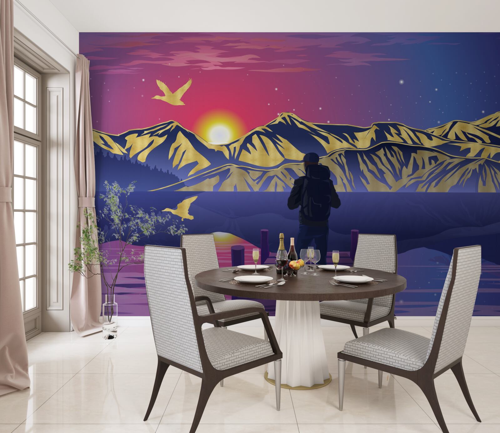 Fototapet pe pod, turistul întâlnește zorii