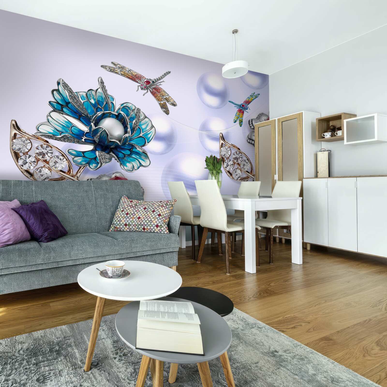 Fototapet pietre de bijuterii cu motive florale și imagini de libelule