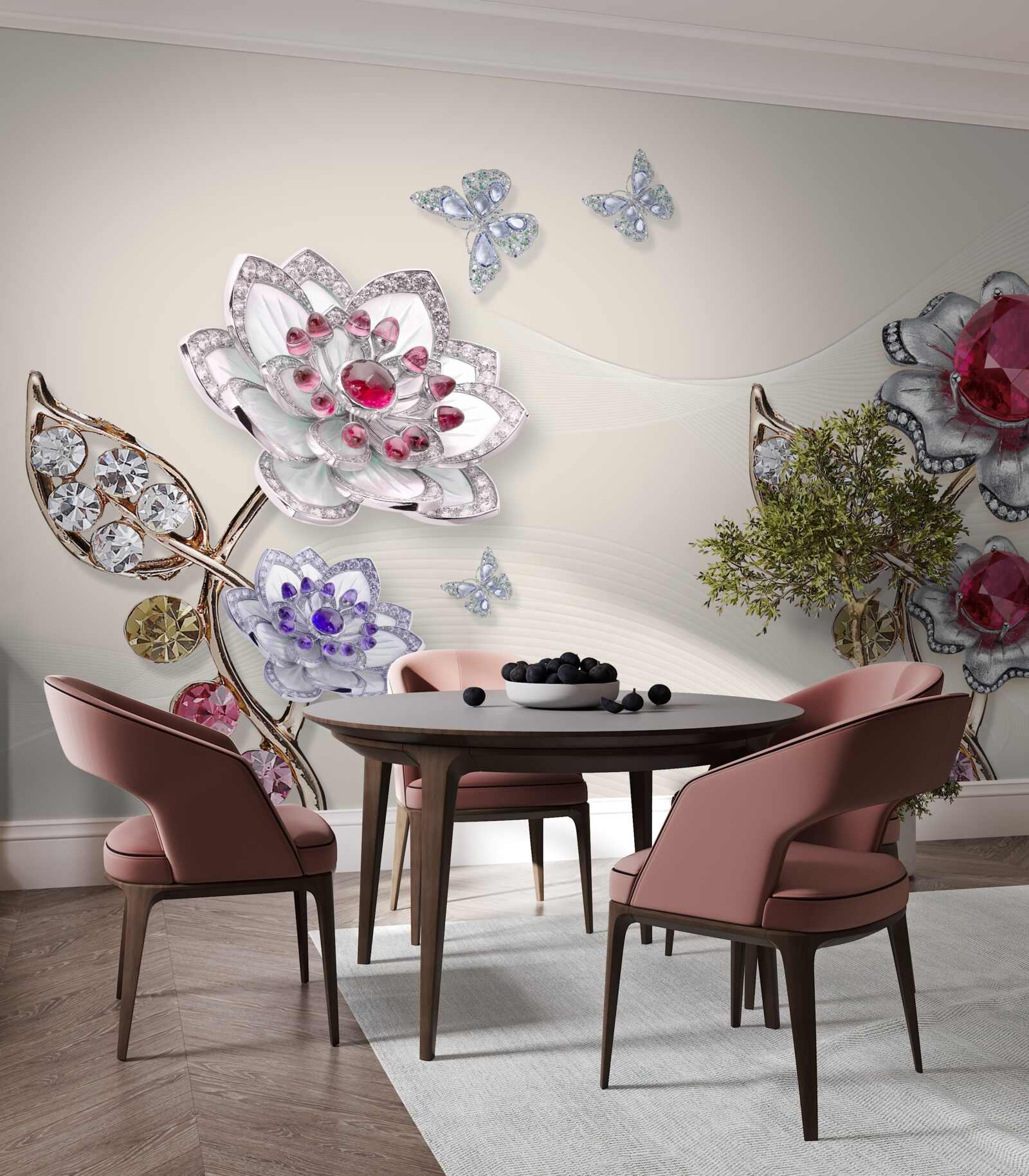 Fototapet florile de aur decorate cu pietre prețioase încântă prin frumusețea lor