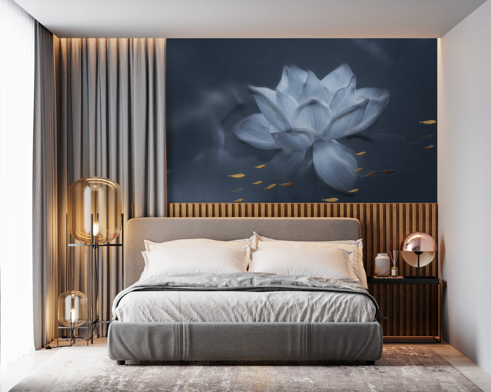Fototapet peștișor auriu și lotus alb